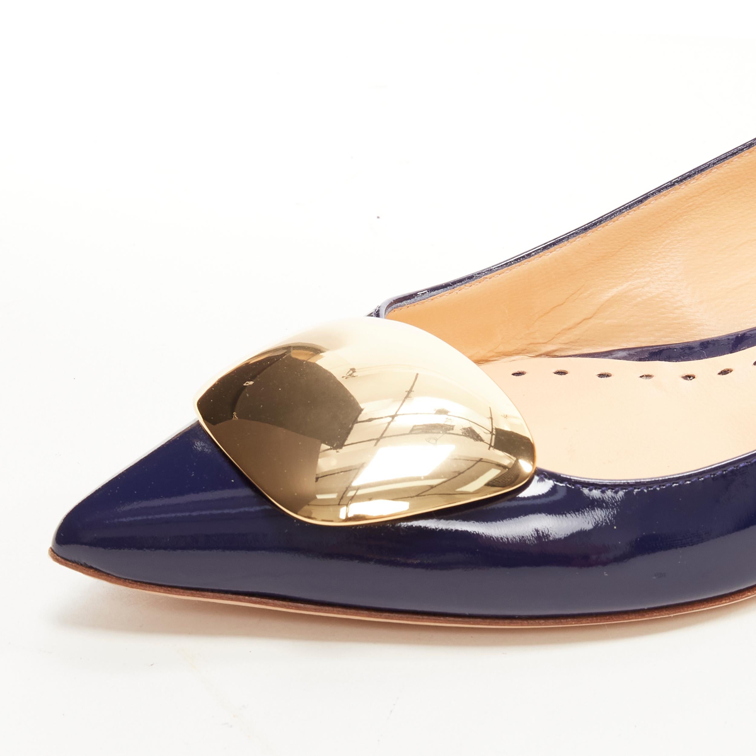 new RUPERT SANDERSON Bedfa Chrome blue patent gold brooch flats EU37.5 2