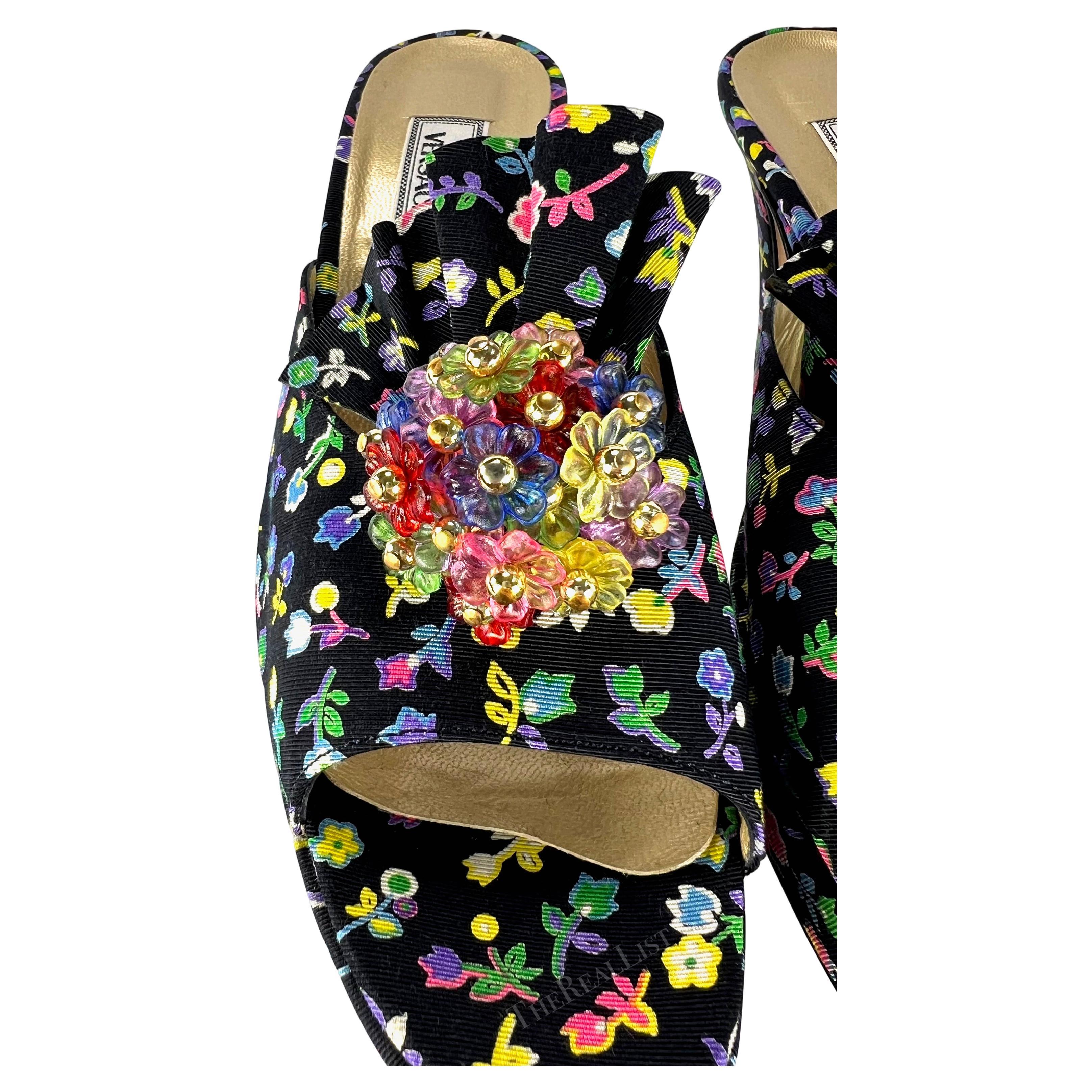 NEW S/S 1993 Gianni Versace Runway Floral Platform Beaded Heels Size 38 1/2 For Sale 1