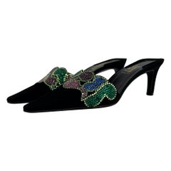 New S/S 2000 Gianni Versace by Donatella Rhinestone Black Suede Kitten Heels 37