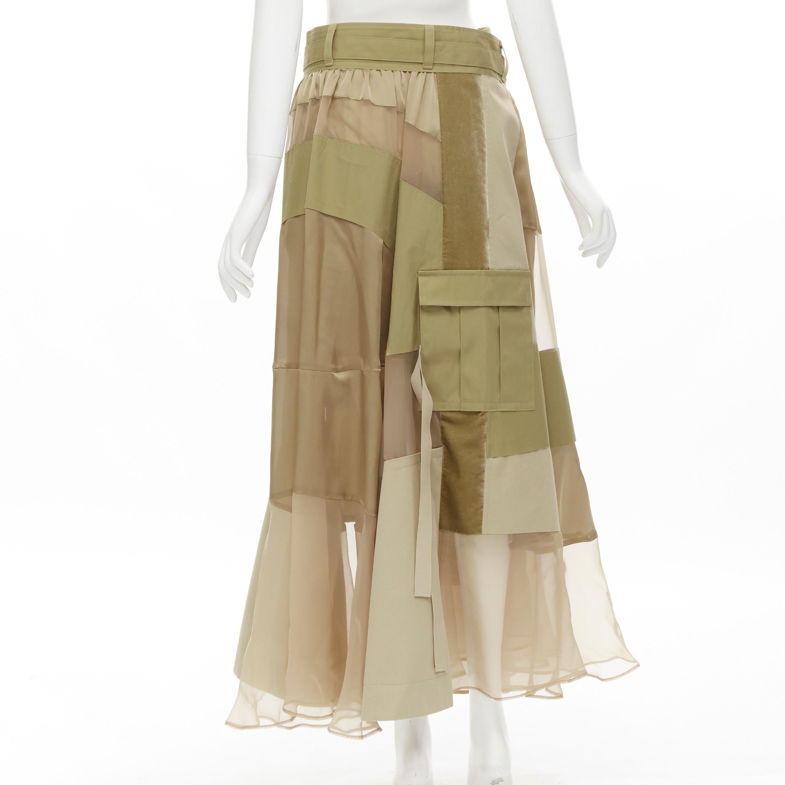 Women's new SACAI 2020 khaki military patchwork sheer deconstructed belted skirt JP3 L For Sale