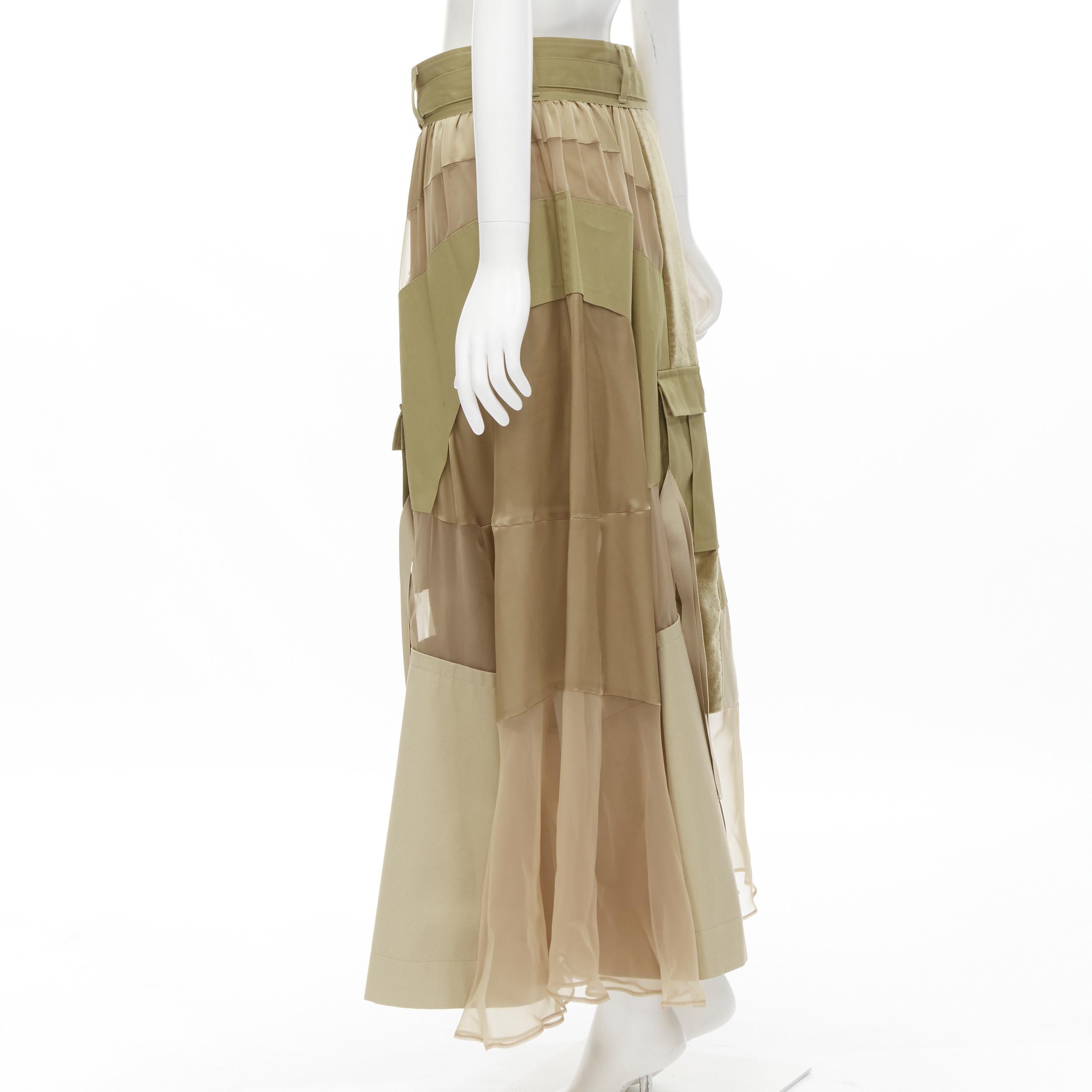 new SACAI 2020 khaki military patchwork sheer deconstructed belted skirt JP3 L For Sale 1