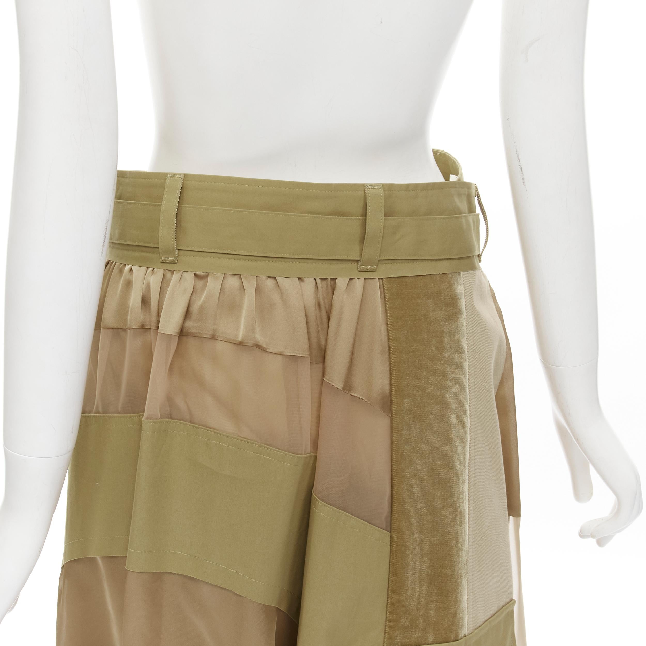 new SACAI 2020 khaki military patchwork sheer deconstructed belted skirt JP3 L For Sale 2