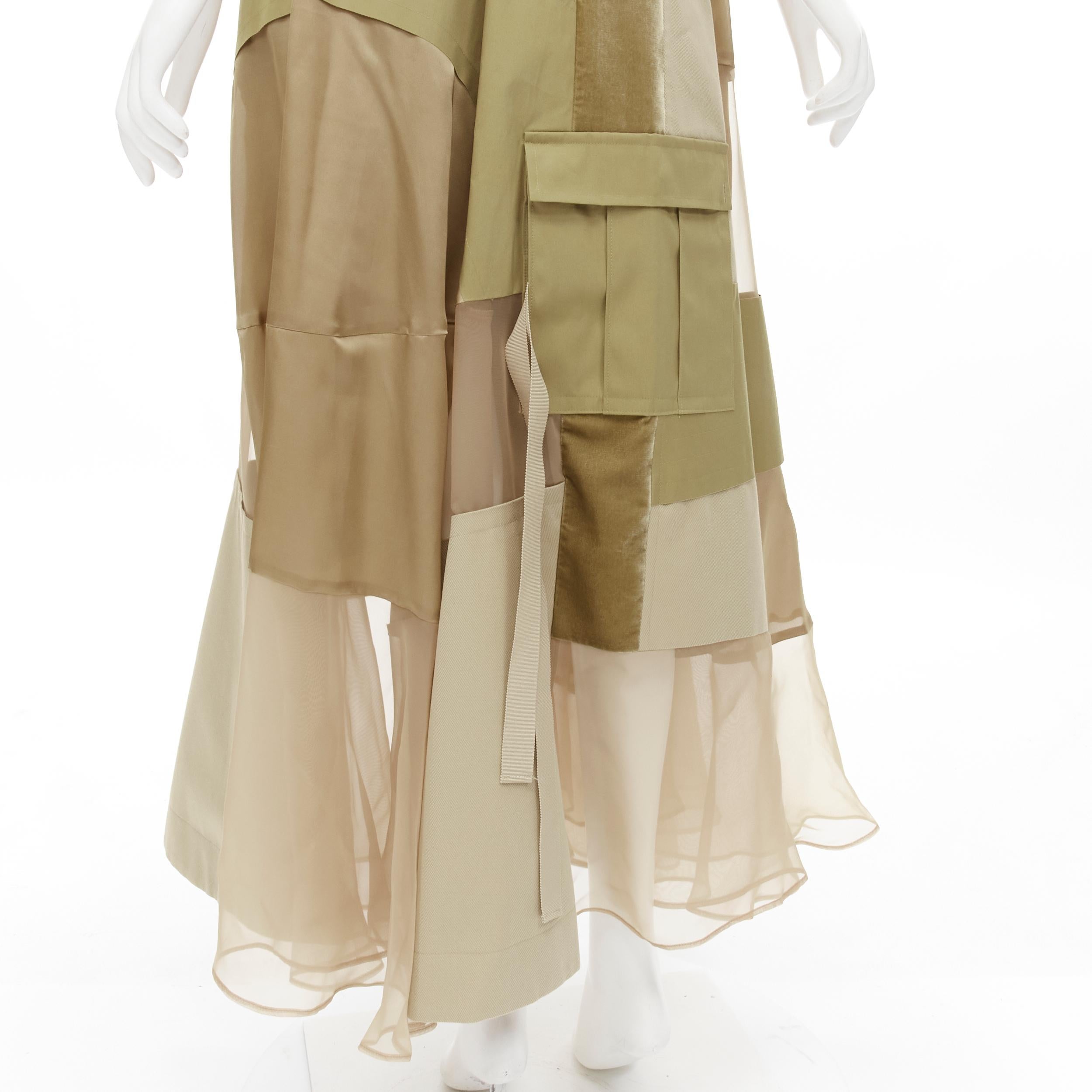 new SACAI 2020 khaki military patchwork sheer deconstructed belted skirt JP3 L For Sale 3