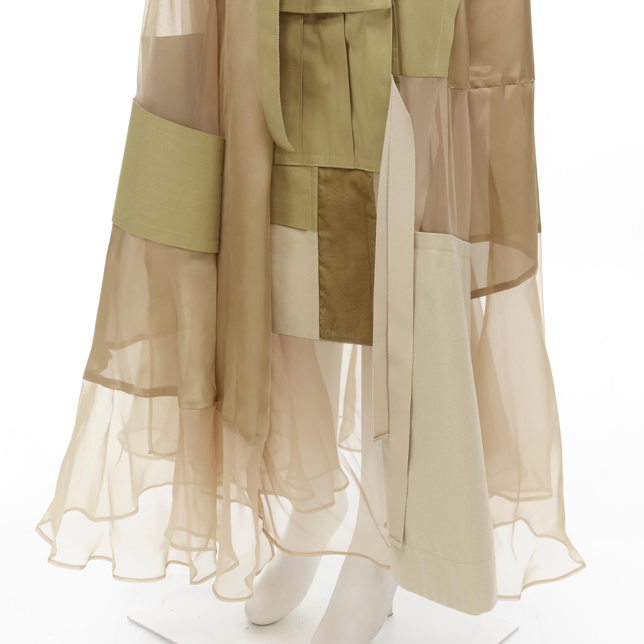 new SACAI 2020 khaki military patchwork sheer deconstructed belted skirt JP3 L For Sale 4