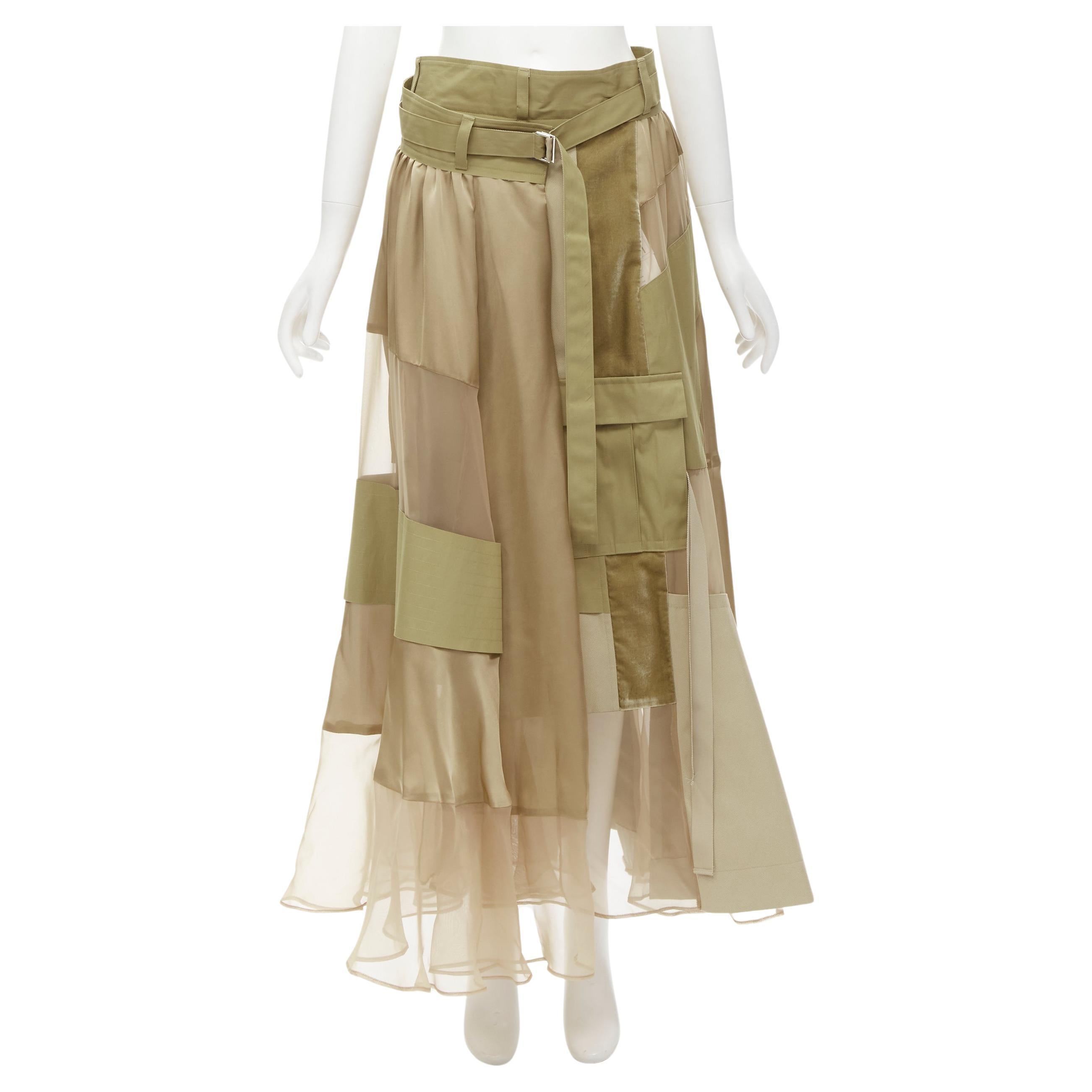 new SACAI 2020 khaki military patchwork sheer deconstructed belted skirt JP3 L For Sale