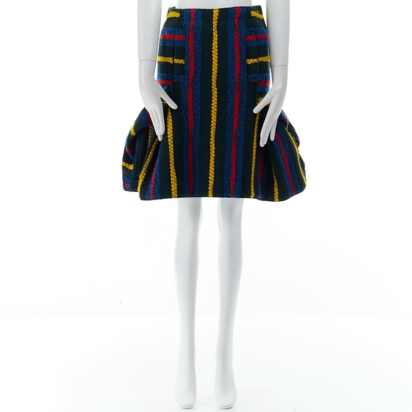 Black new SACAI AW15 green multicolor stripe knit jacquard pleated flated skirt JP1 S