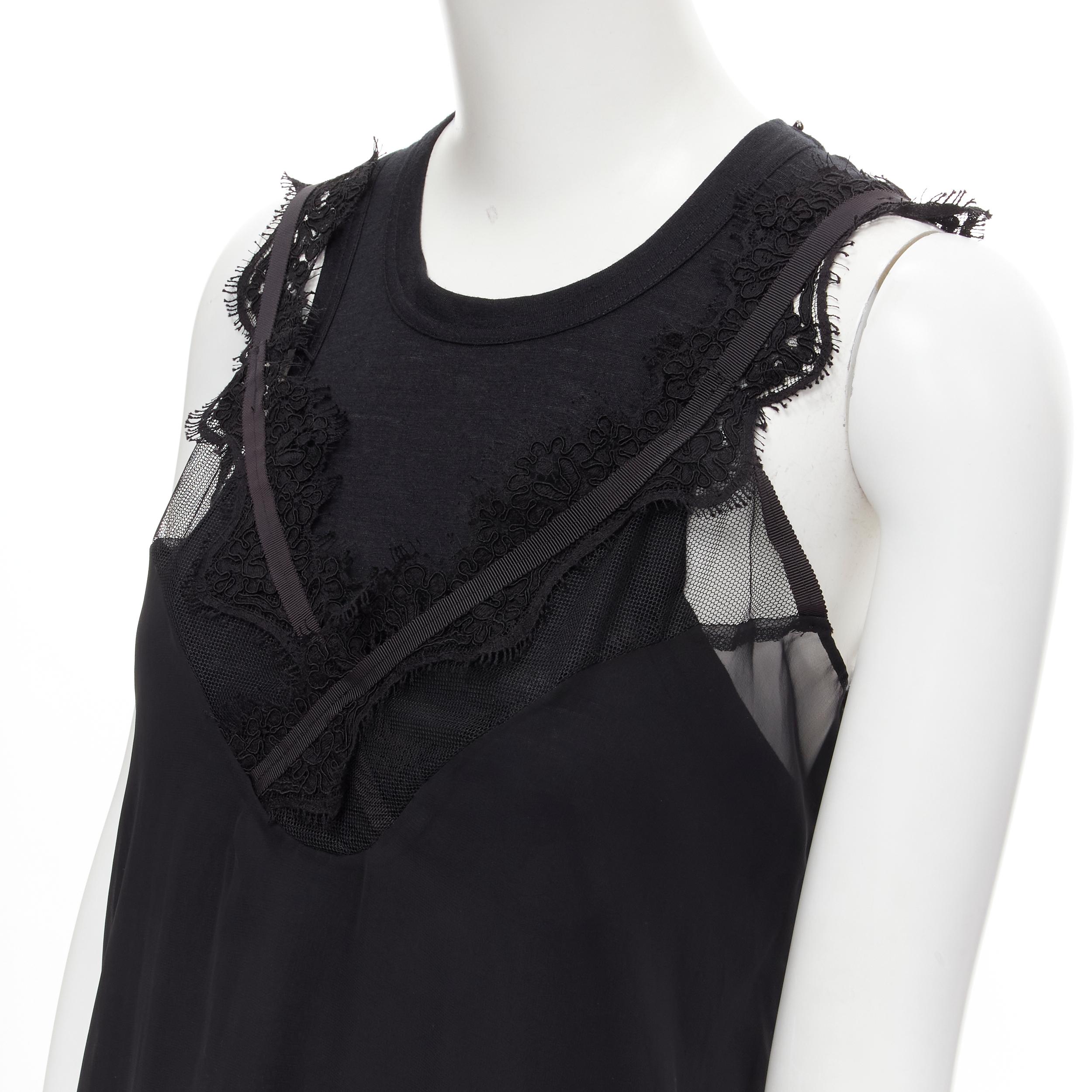 new SACAI black cotton tank layered sheer lace trimmed slip dress JP2 M 
Reference: MELK/A00106 
Brand: Sacai 
Designer: Chitose Abe 
Material: Polyester 
Color: Black 
Pattern: Solid 
Made in: Japan 

CONDITION: 
Condition: New with tags. 
Comes