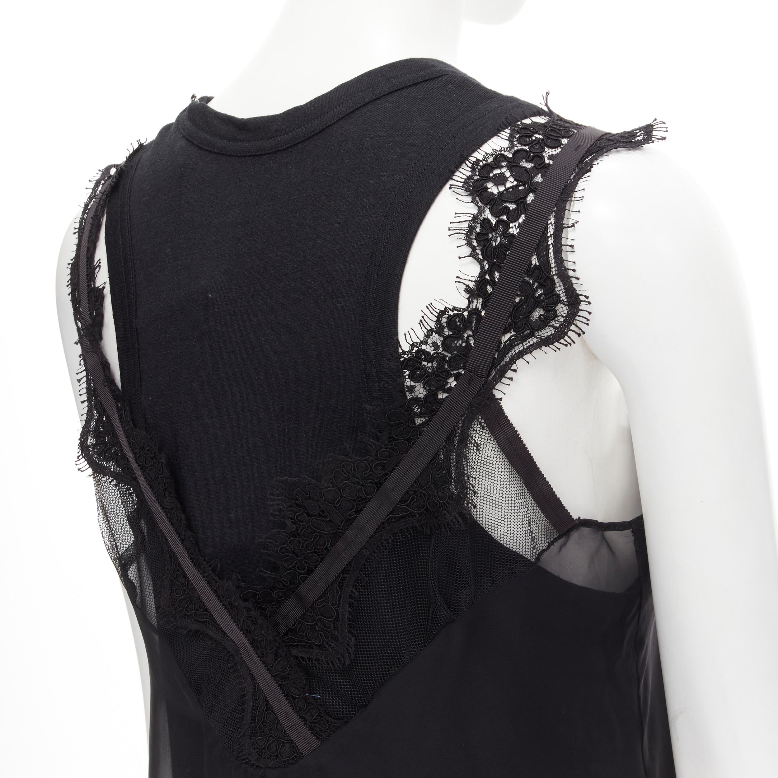 new SACAI black cotton tank layered sheer lace trimmed slip dress JP2 M In New Condition In Hong Kong, NT