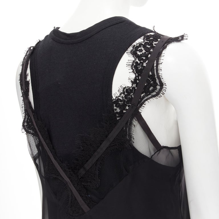 new SACAI black cotton tank layered sheer lace trimmed slip dress JP2 M ...