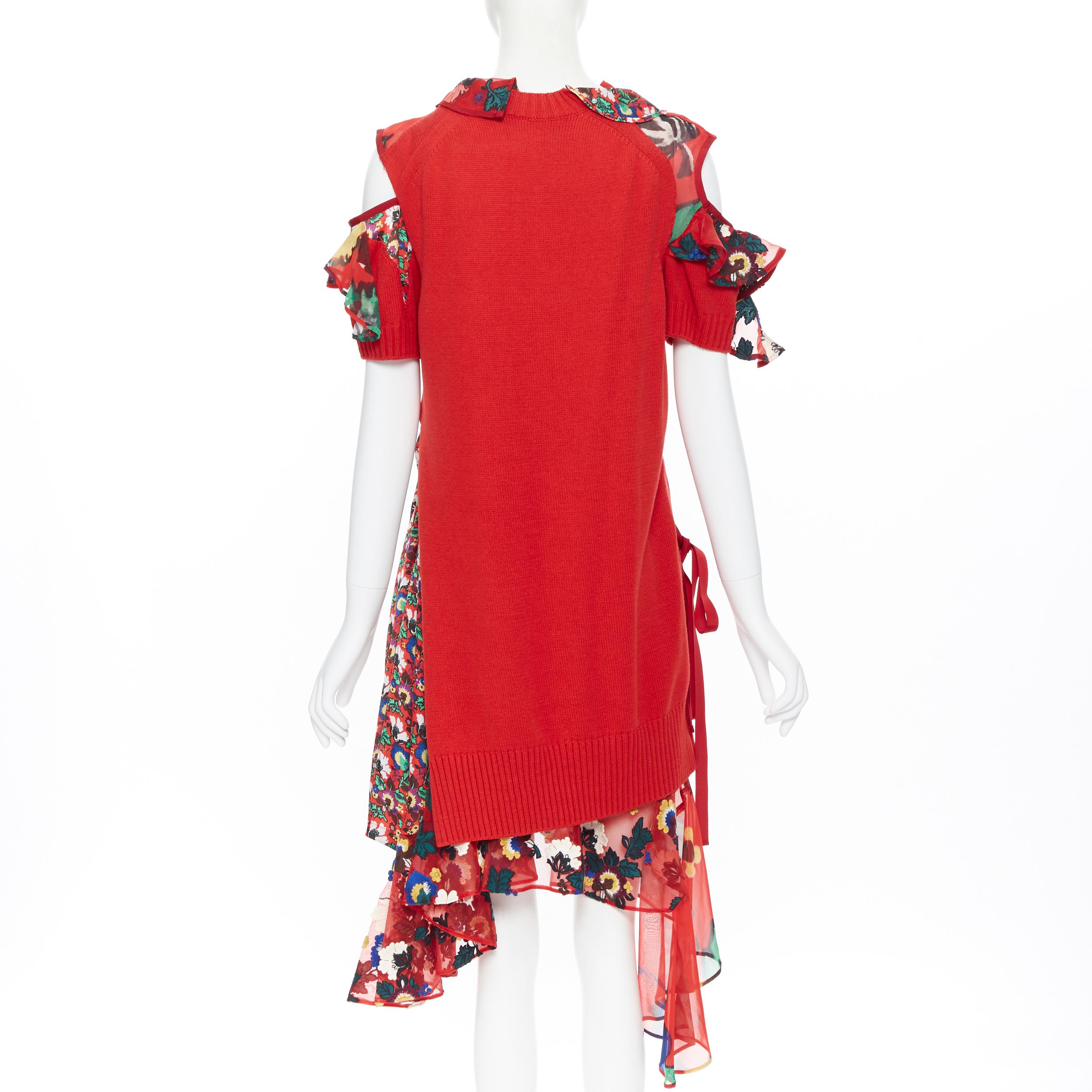 new SACAI CHITOSE ABE red sweater embroidery floral deconstructed dress JP3 L In New Condition In Hong Kong, NT