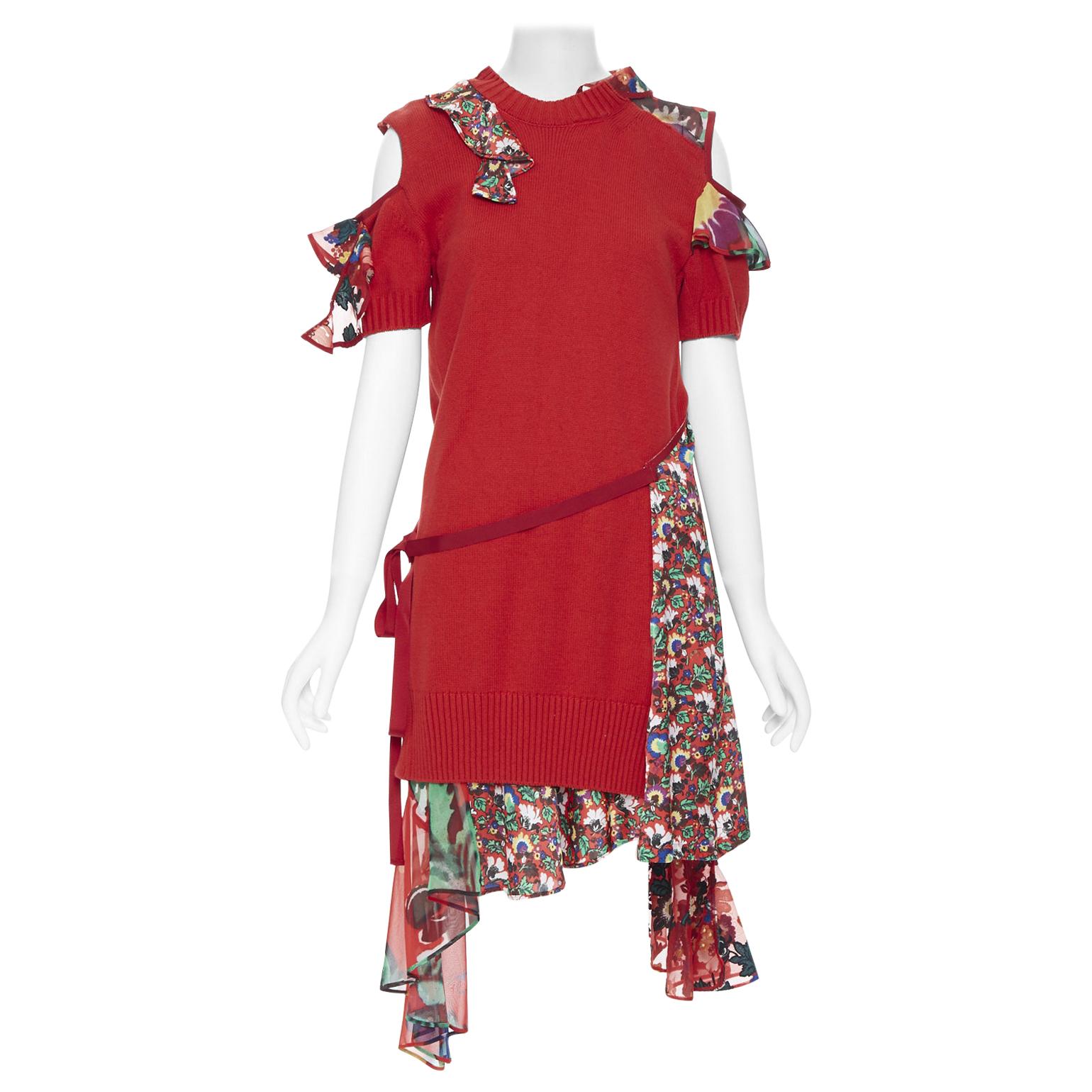 new SACAI CHITOSE ABE red sweater embroidery floral deconstructed dress JP3 L