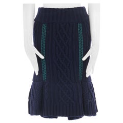 new SACAI navy chunky wool knit crochet detail fit flared hem skirt JP2