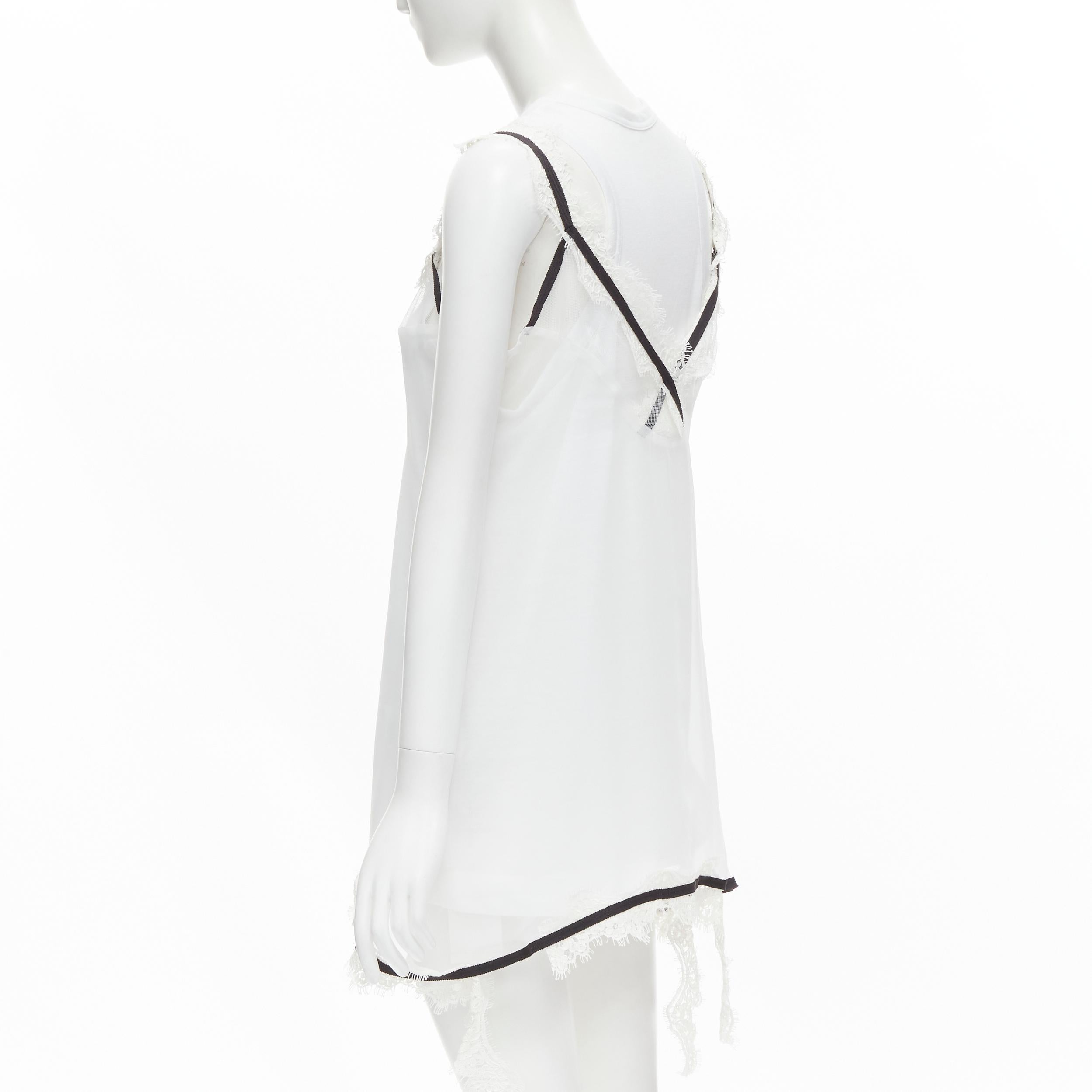 new SACAI white cotton tank layered sheer lace trimmed slip dress JP2 M In New Condition In Hong Kong, NT