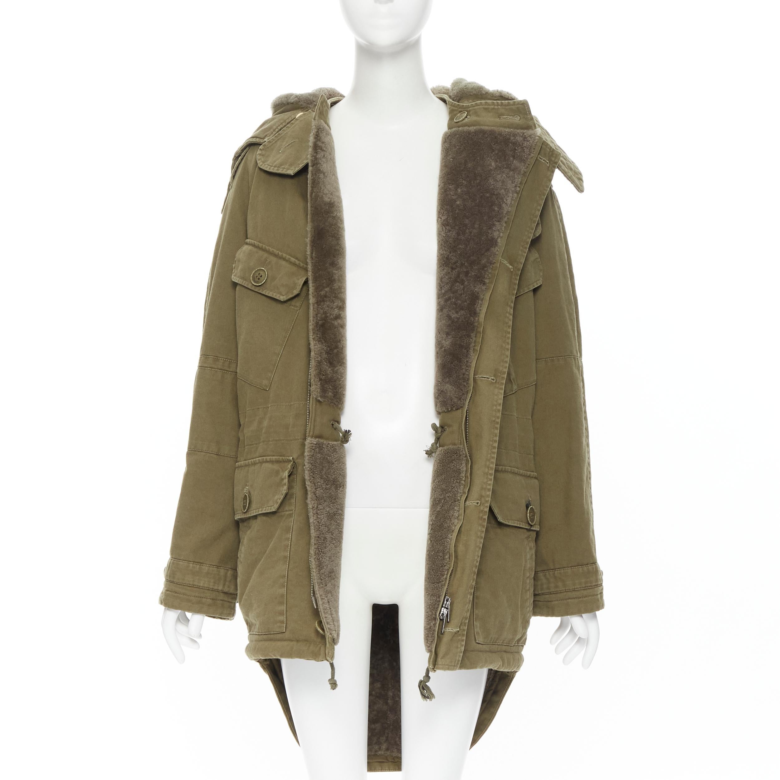 Brown new SAINT LAURENT 2018 full shearling lined green military parka coat IT36 XS