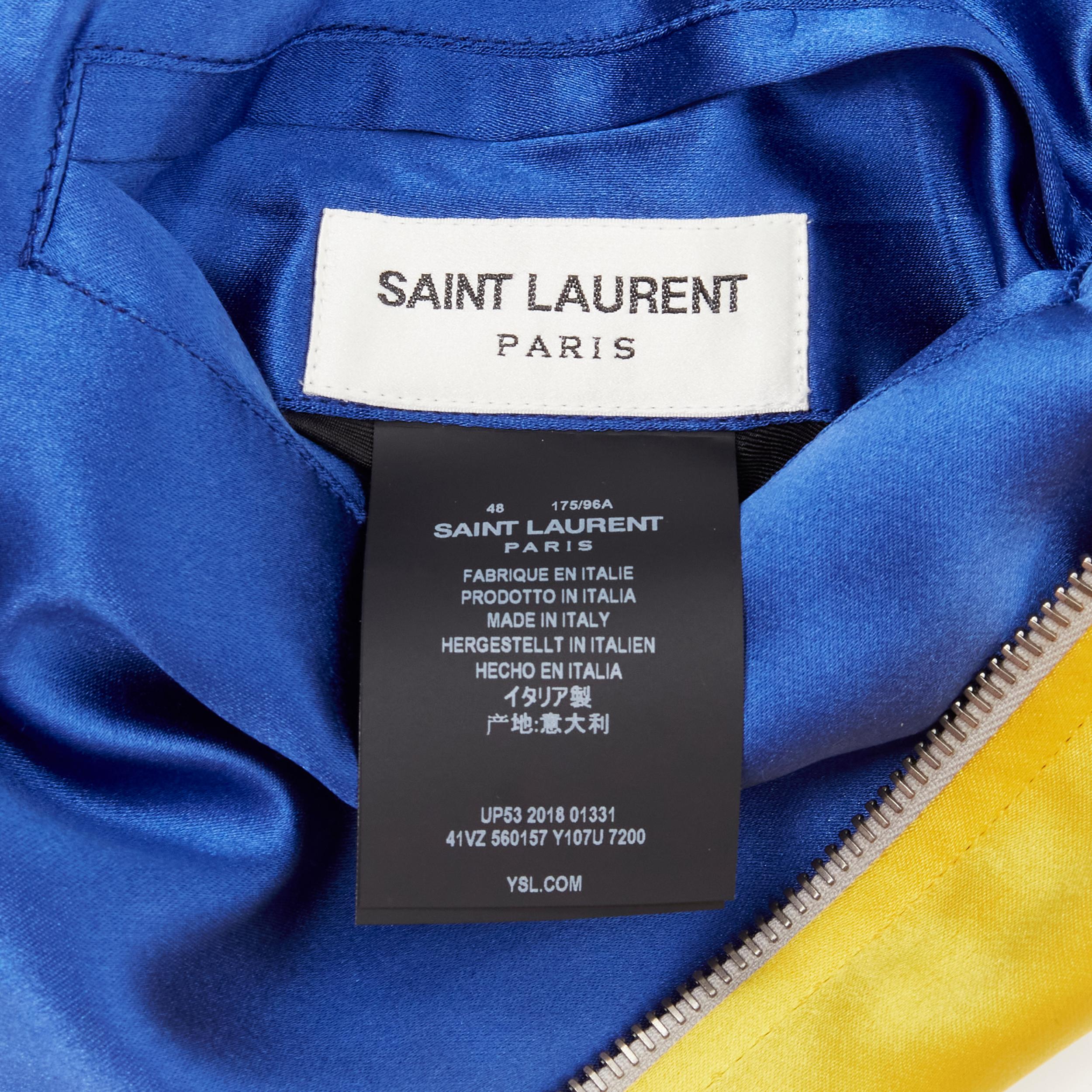 new SAINT LAURENT 2018 Reversible yellow blue satin bird embroidery bomber EU50 For Sale 5