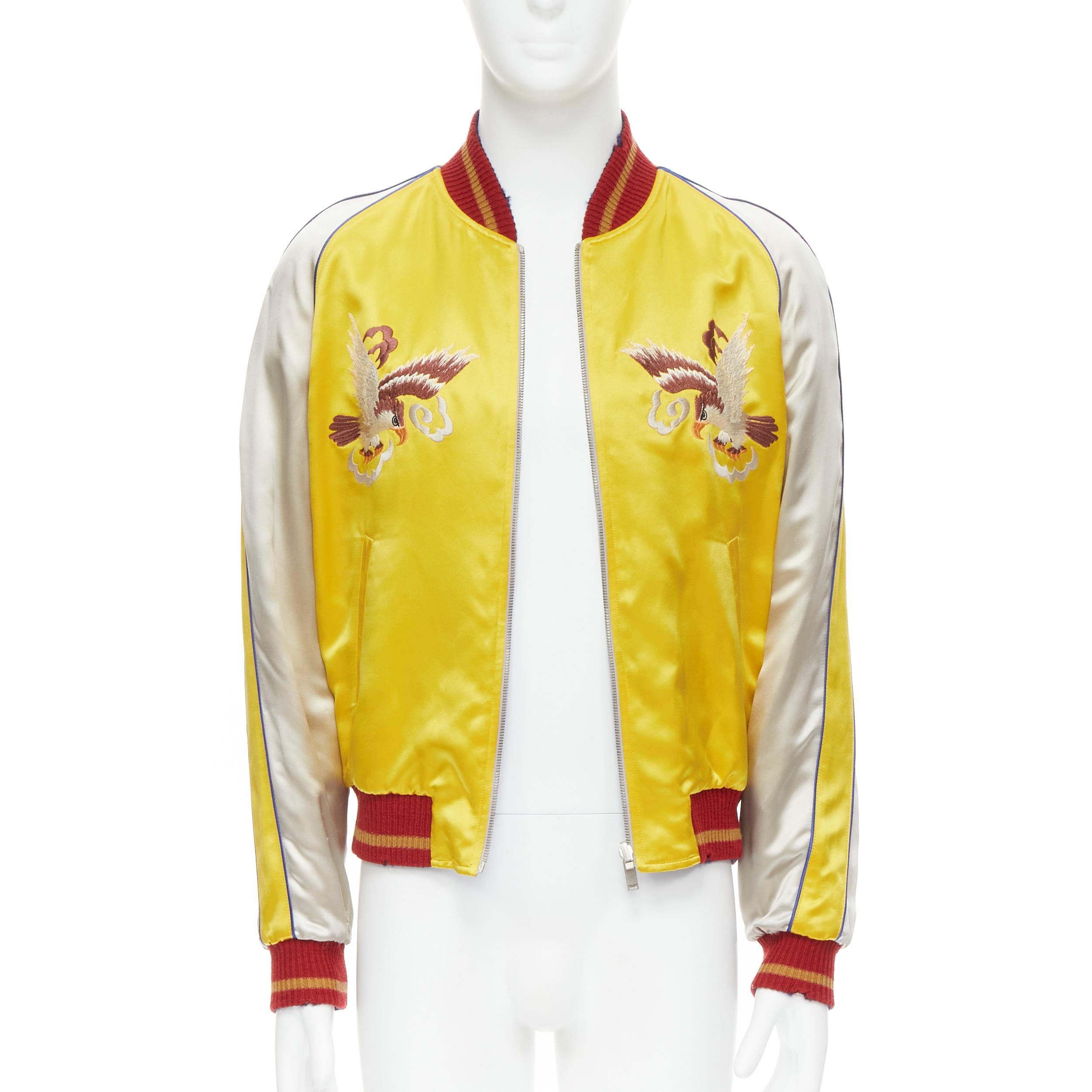 new SAINT LAURENT 2018 Reversible yellow blue satin bird embroidery bomber EU50 
Reference: TGAS/B01681 
Brand: Saint Laurent 
Collection: 2018 Runway 
Material: Viscose 
Color: Yellow 
Pattern: Solid 
Closure: Zip 
Extra Detail: Signature Saint