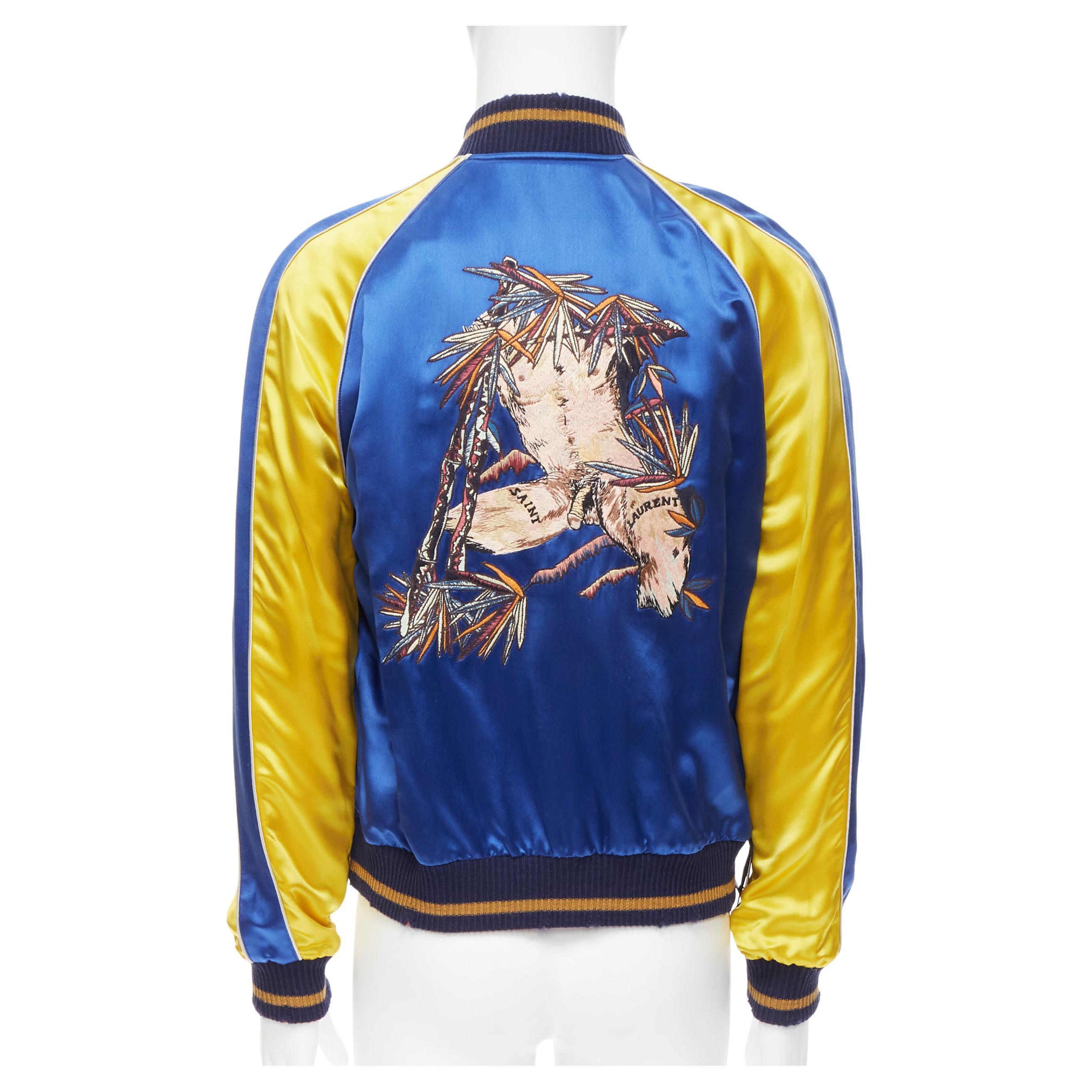 Nouveau bomber SAINT LAURENT en satin jaune et bleu avec broderie d'oiseaux réversible EU50, 2018