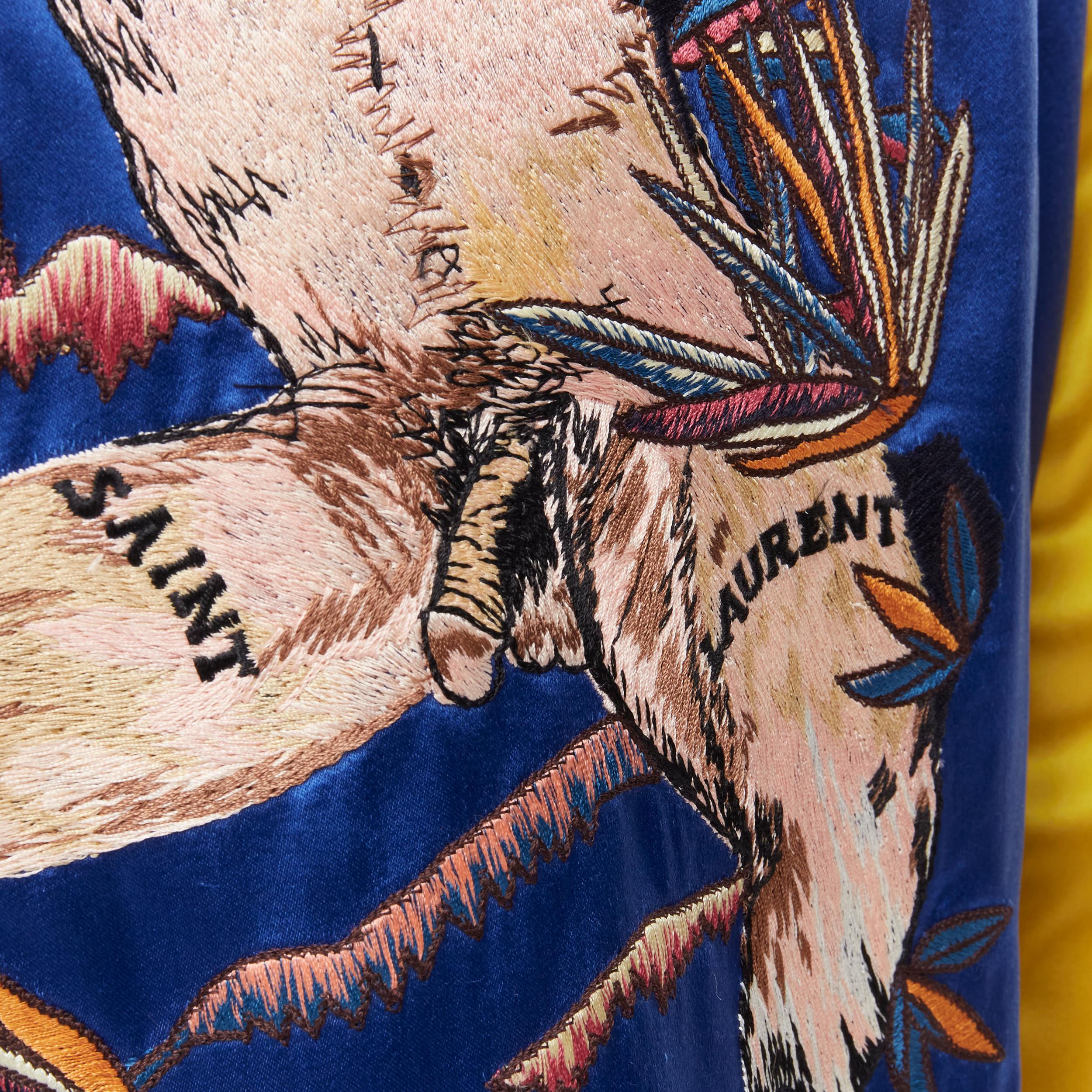 Men's new SAINT LAURENT 2018 Reversible yellow satin bird nude embroidery bomber EU48 For Sale