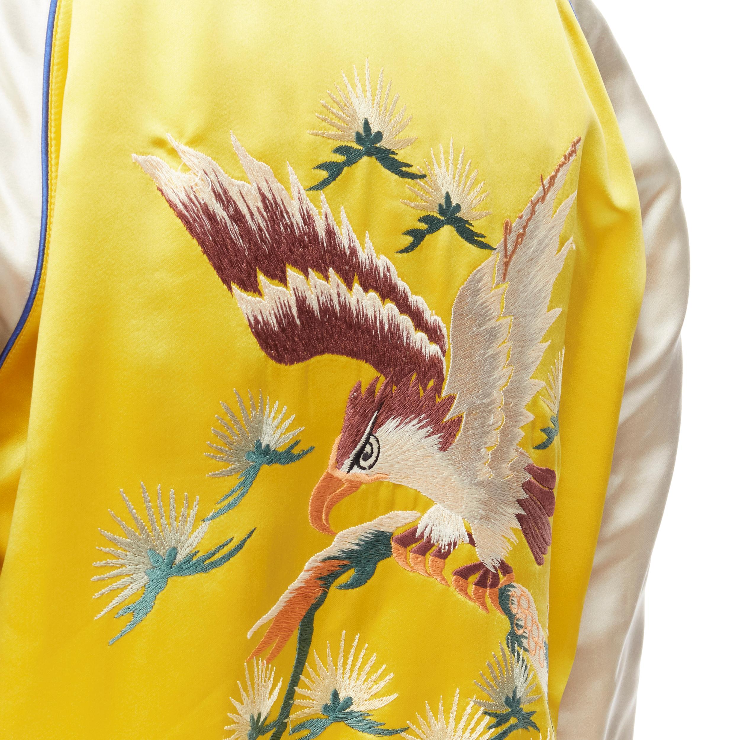new SAINT LAURENT 2018 Reversible yellow satin bird nude embroidery bomber EU48 For Sale 1