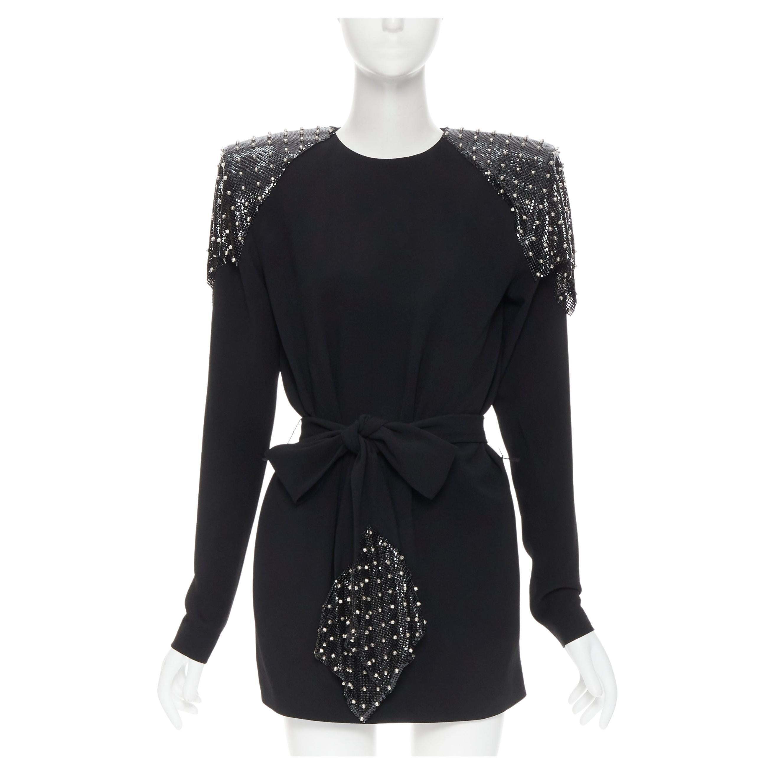 new SAINT LAURENT 2018 Runway black chainmail stud tie belt mini dress FR38 S