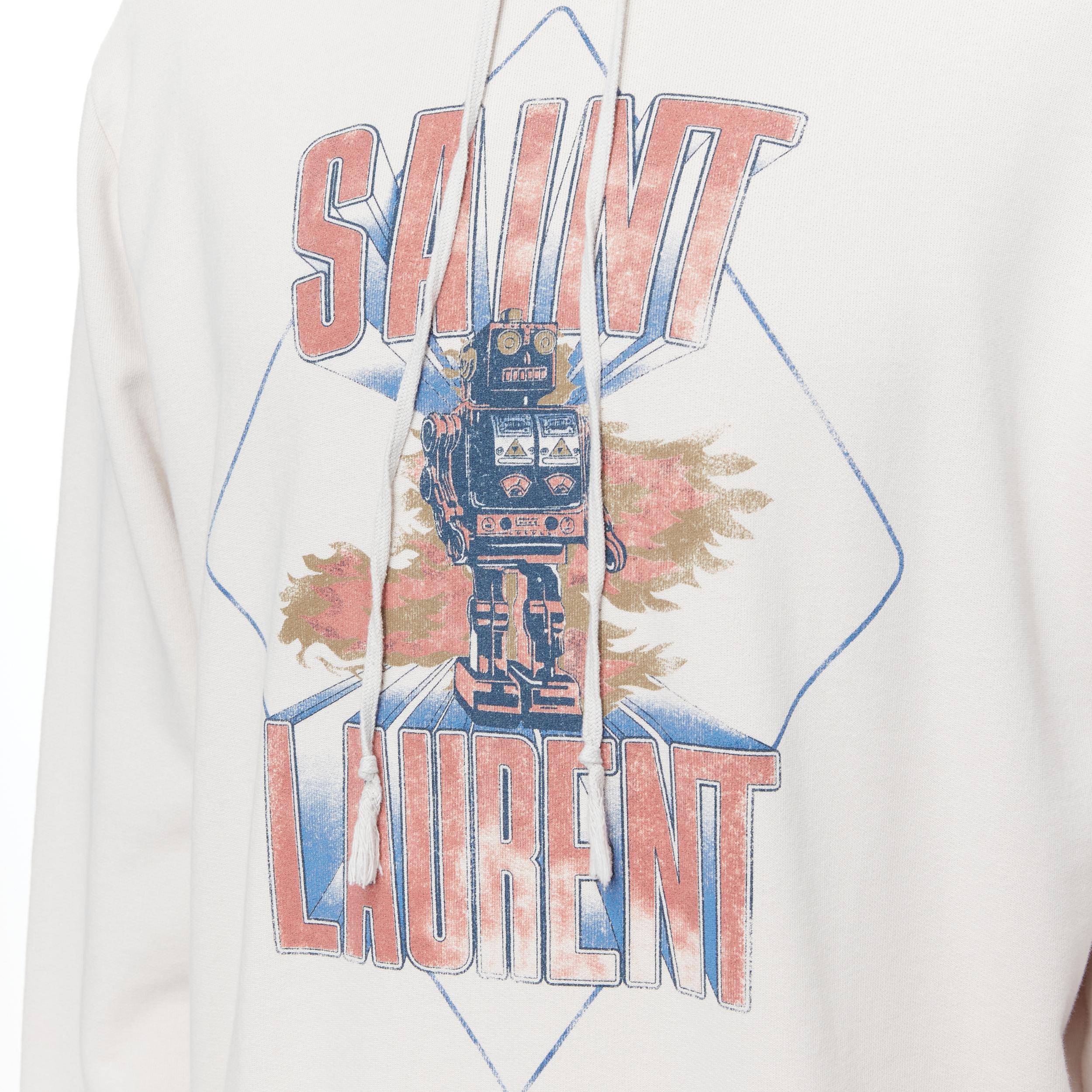 new SAINT LAURENT 2019 Robot Logo print vintage distressed destroyed hoodie S 
Reference: TGAS/B00571 
Brand: Saint Laurent 
Designer: Anthony Vacarello 
Collection: Spring Summer 2019 
Material: Cotton 
Color: Ecru 
Pattern: Solid 
Extra Detail: