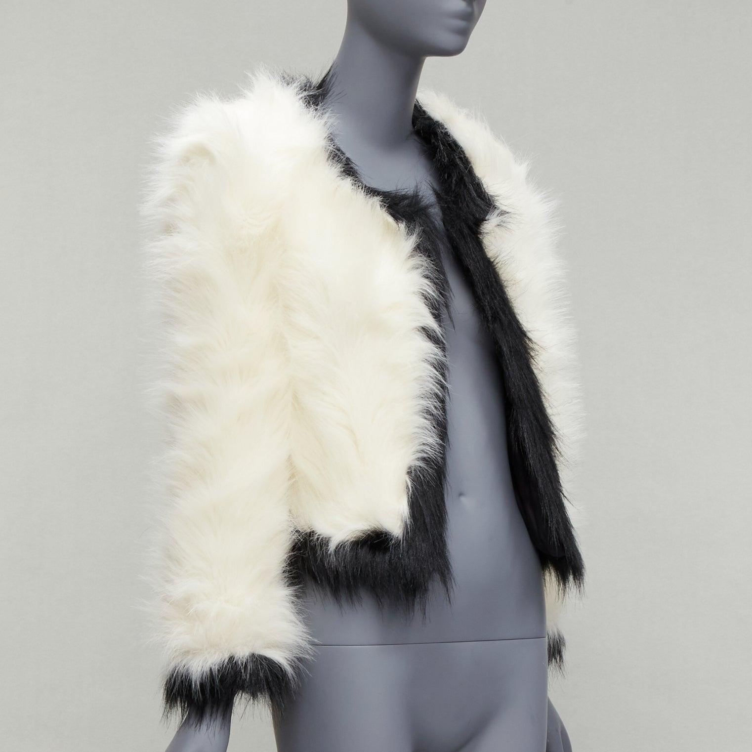 Women's new SAINT LAURENT 2021 Runway cream black faux fur cropped jacket FR34 XS For Sale