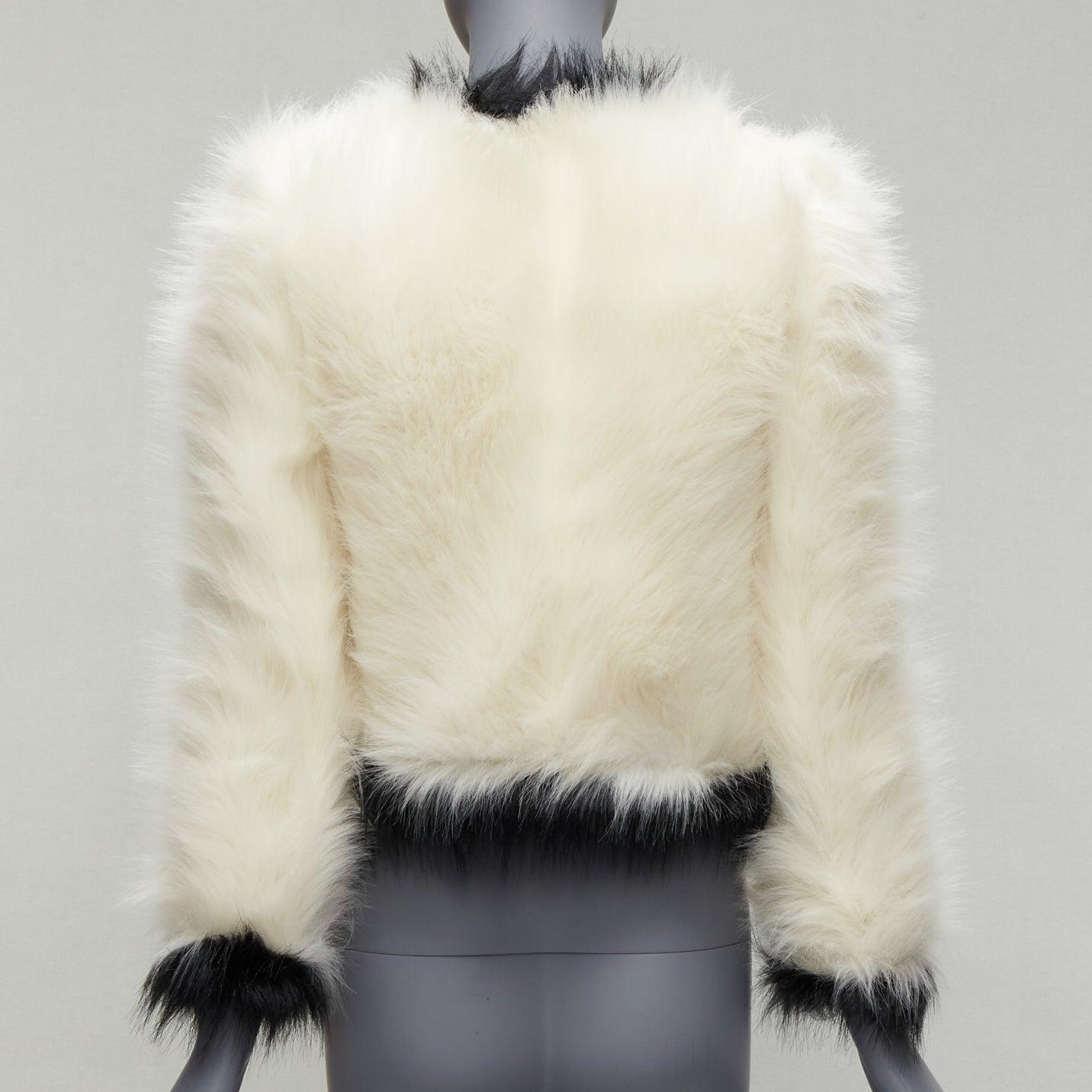 new SAINT LAURENT 2021 Runway cream black faux fur cropped jacket FR34 XS For Sale 2