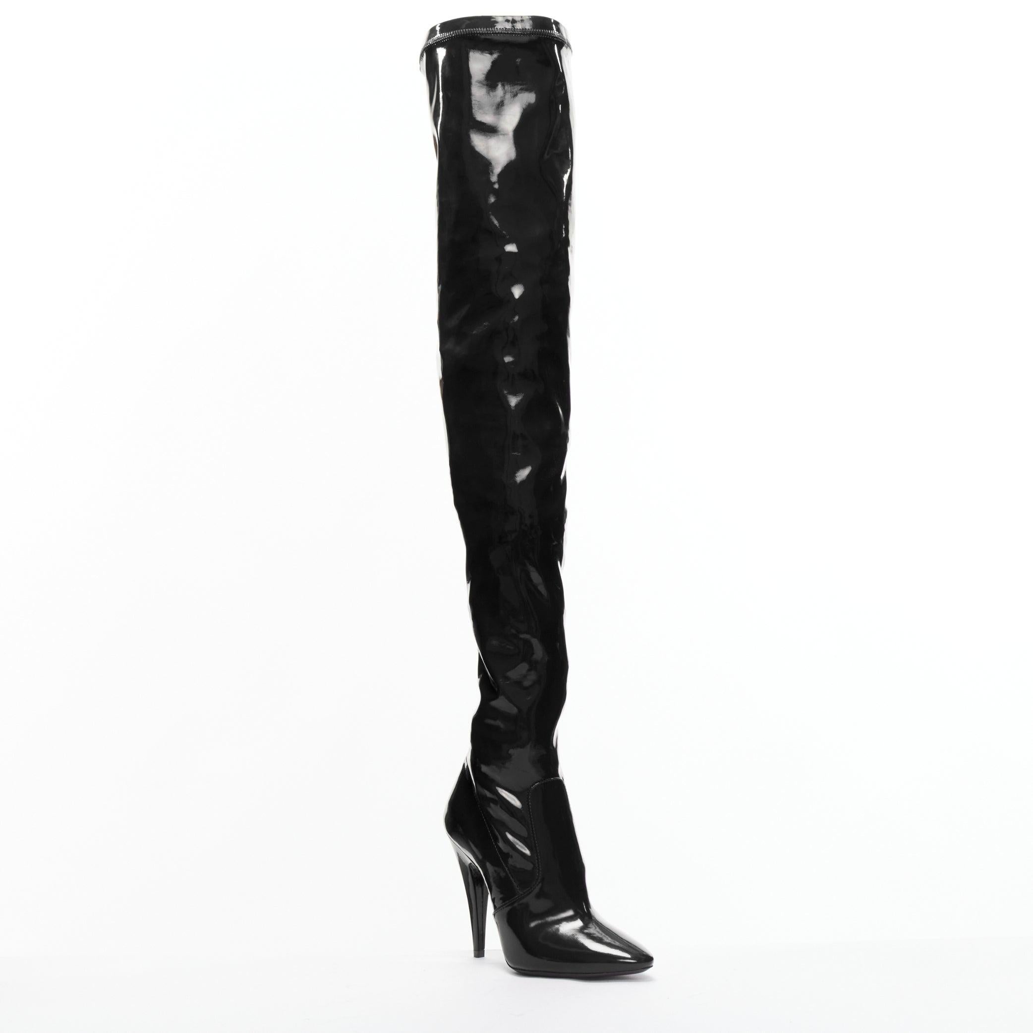 New SAINT LAURENT Aylah 110 Runway black vinyl thigh high boots EU37
Reference: TGAS/D00743
Brand: Saint Laurent
Designer: Anthony Vaccarello
Model: Aylah 110
Collection: Fall 2020 - Runway
Material: PVC
Color: Black
Pattern: Solid
Closure: