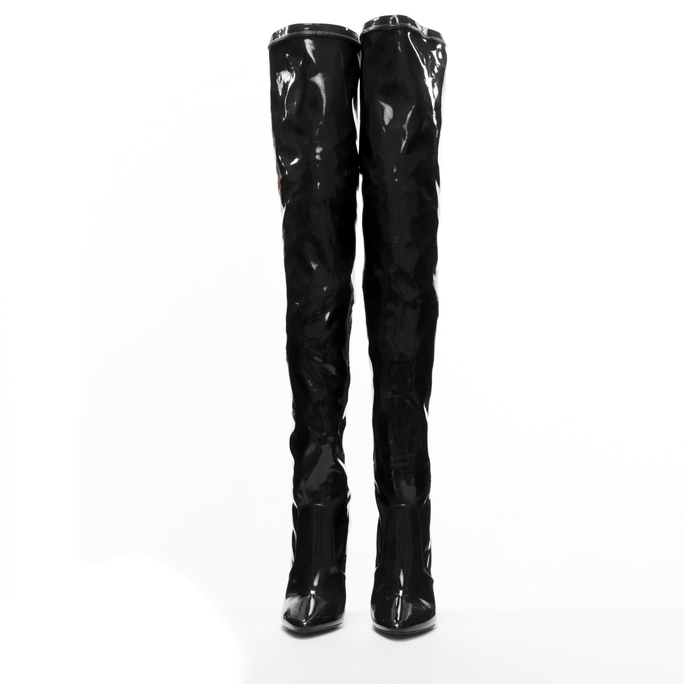 Black new SAINT LAURENT Aylah 110 Runway black vinyl thigh high boots EU37 For Sale