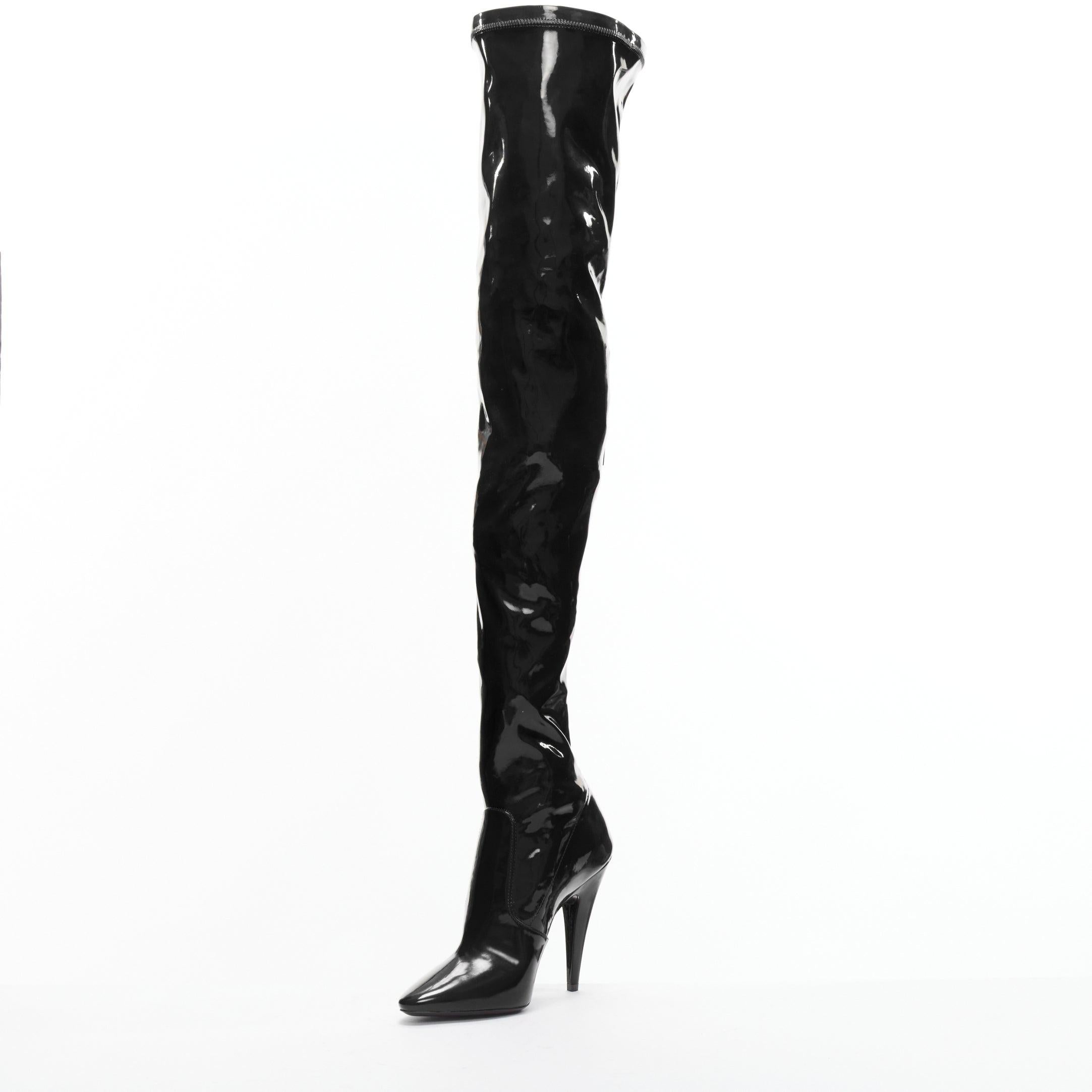 Women's new SAINT LAURENT Aylah 110 Runway black vinyl thigh high boots EU37 For Sale
