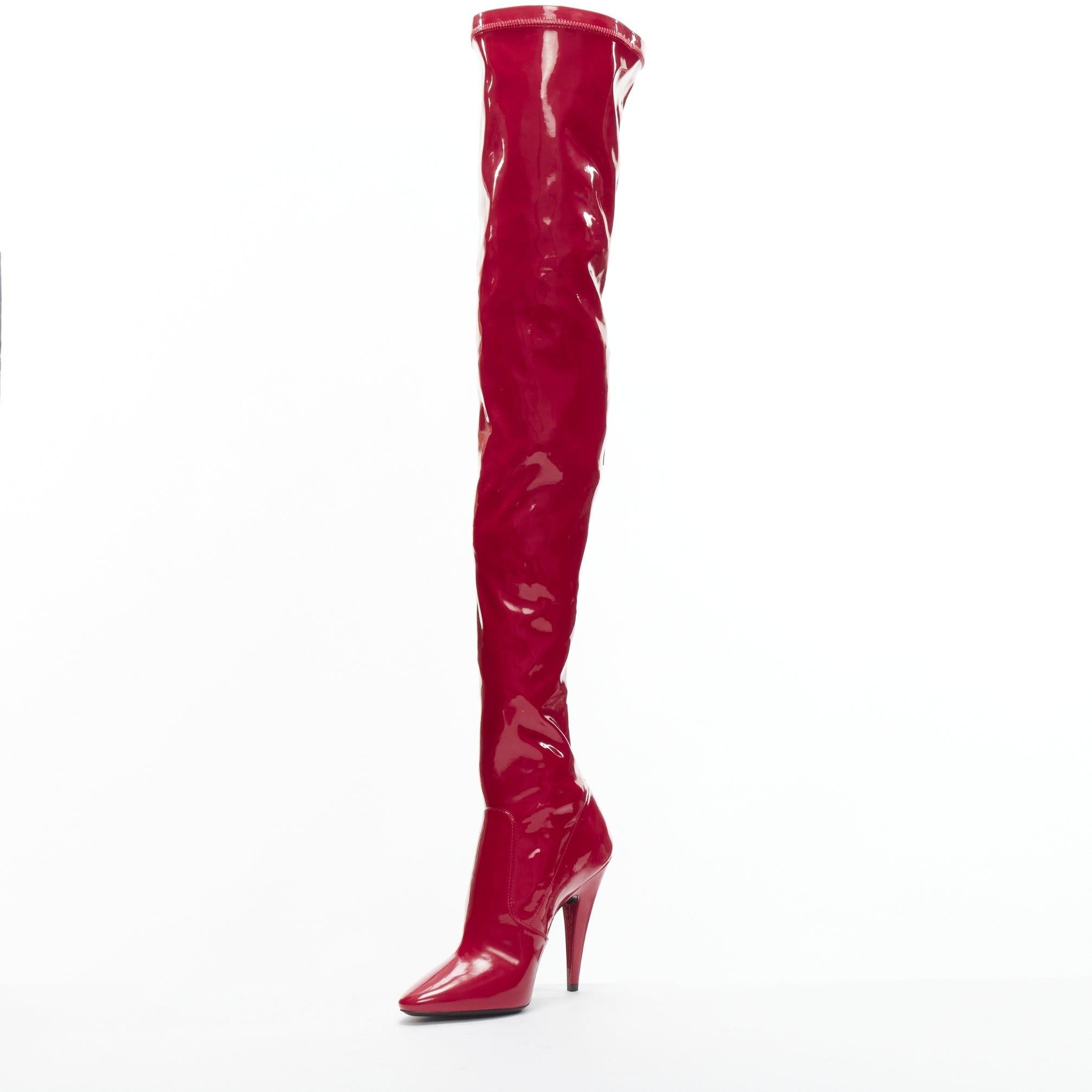 Women's new SAINT LAURENT Aylah 110 Runway lava red vinyl thigh high boots EU37 For Sale