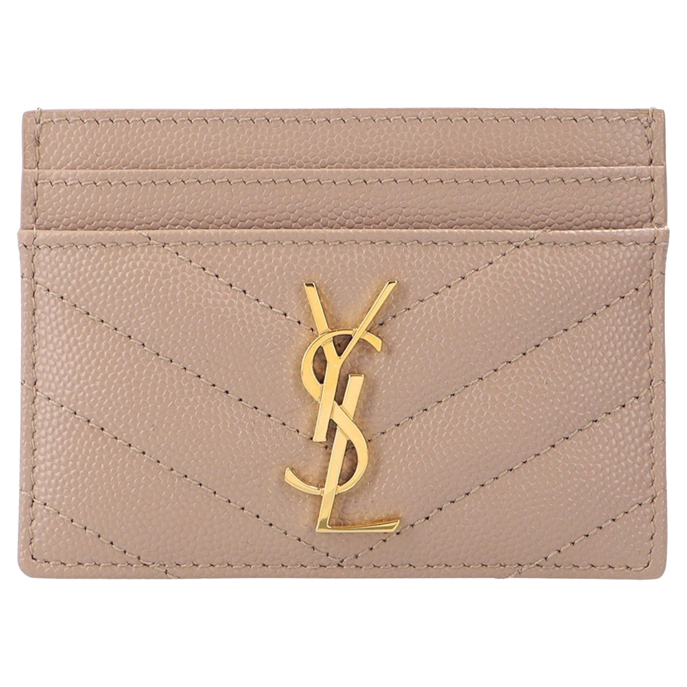 New Saint Laurent Beige Logo Plaque Quilted Leather Card Holder Wallet
