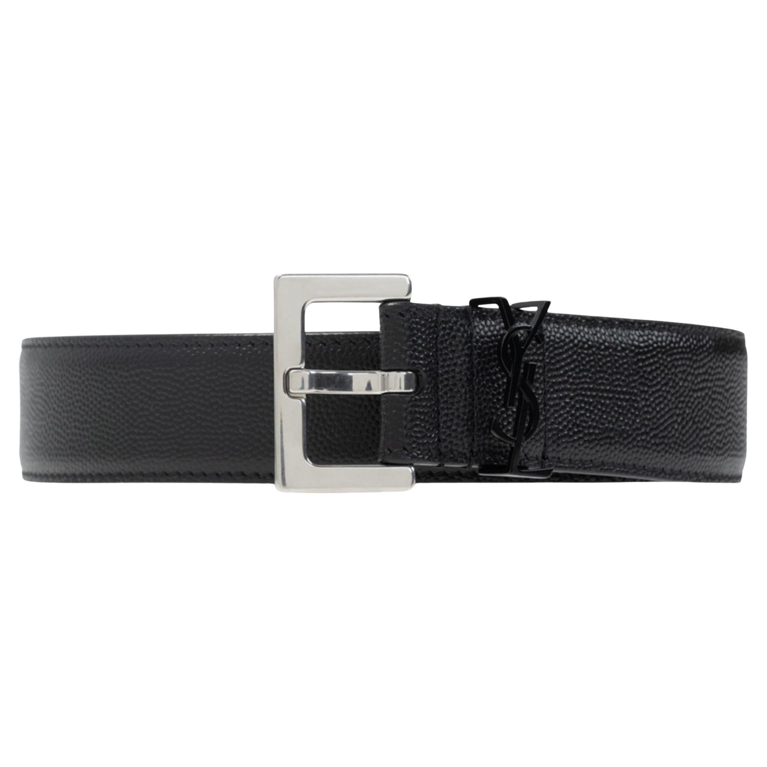 NEW Saint Laurent Black Cassandre Leather Buckle Belt Size 28 US 70 EU For Sale