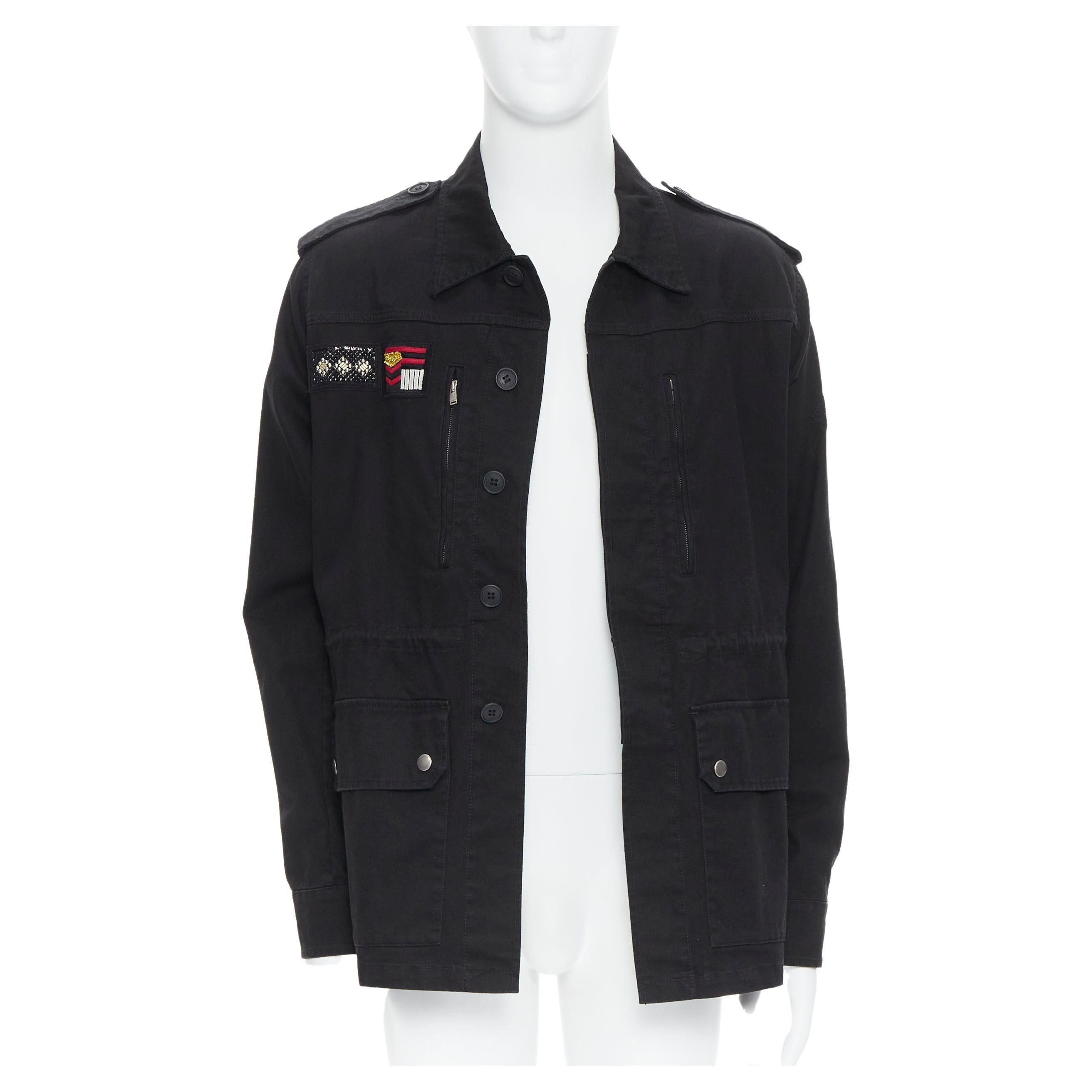 new SAINT LAURENT black cotton embroidery patch utility military jacket  EU50 L For Sale