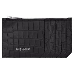 New Saint Laurent Black Crocodile Skin Pattern Leather Card Holder Wallet