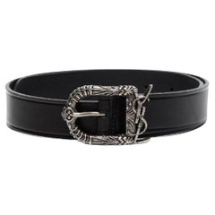 New Saint Laurent Black Decorative Buckle Leather Belt Size 26 US 65 EU