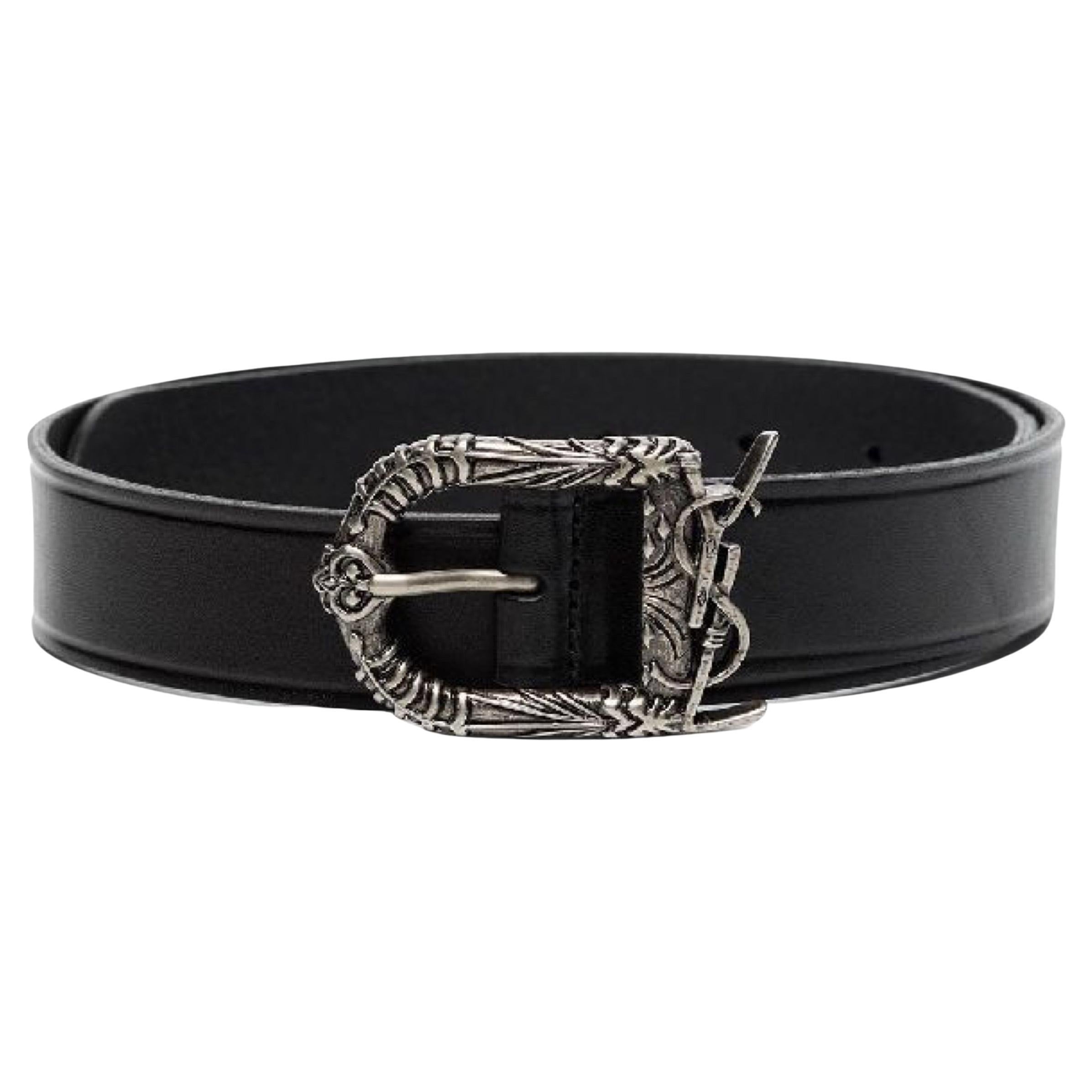 NEW Saint Laurent Black Decorative Buckle Leather Belt Size 28 US 70 EU For Sale