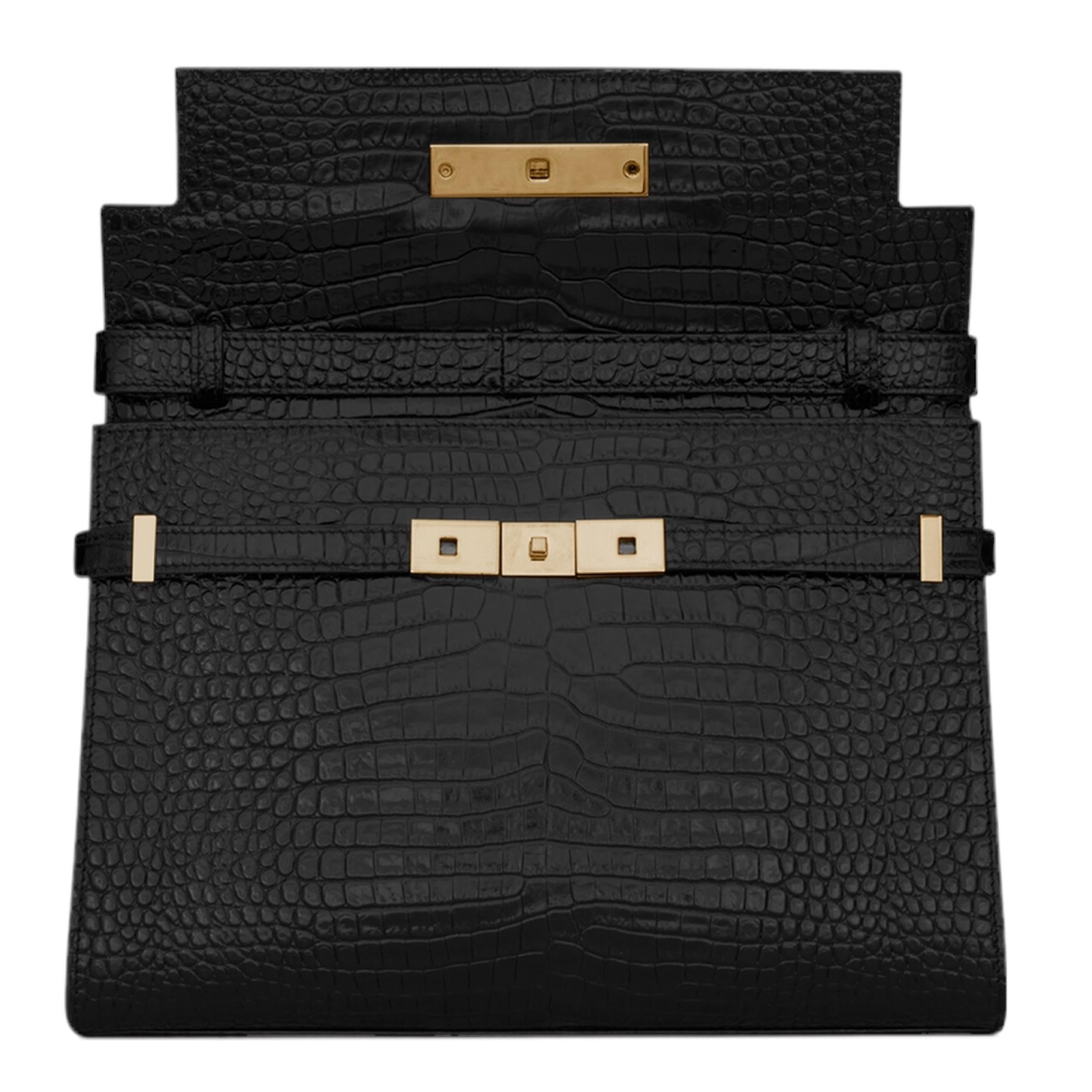 NEW Saint Laurent Black Manhattan Crocodile Embossed Leather Shoulder Bag 8