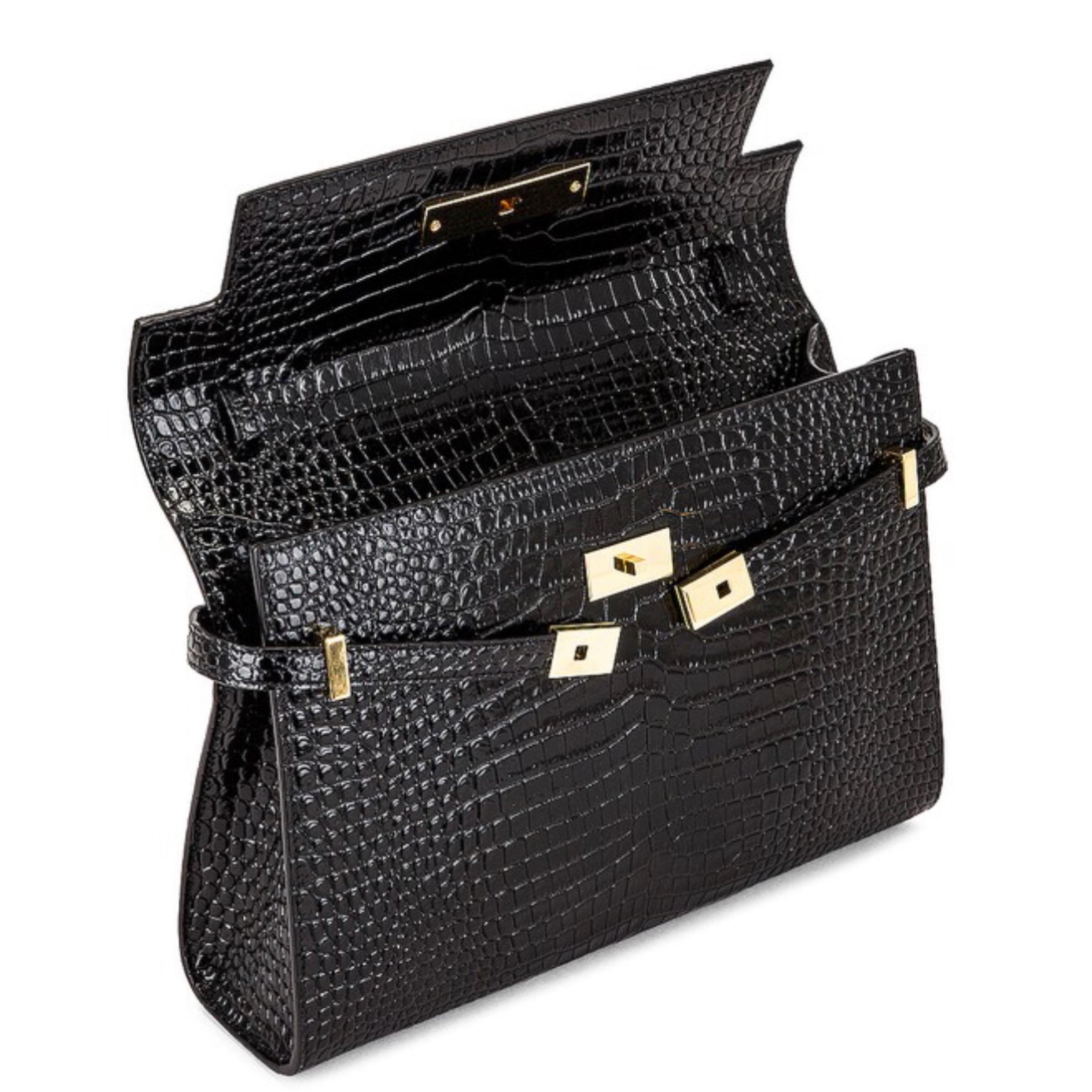 NEW Saint Laurent Black Manhattan Crocodile Embossed Leather Shoulder Bag 9
