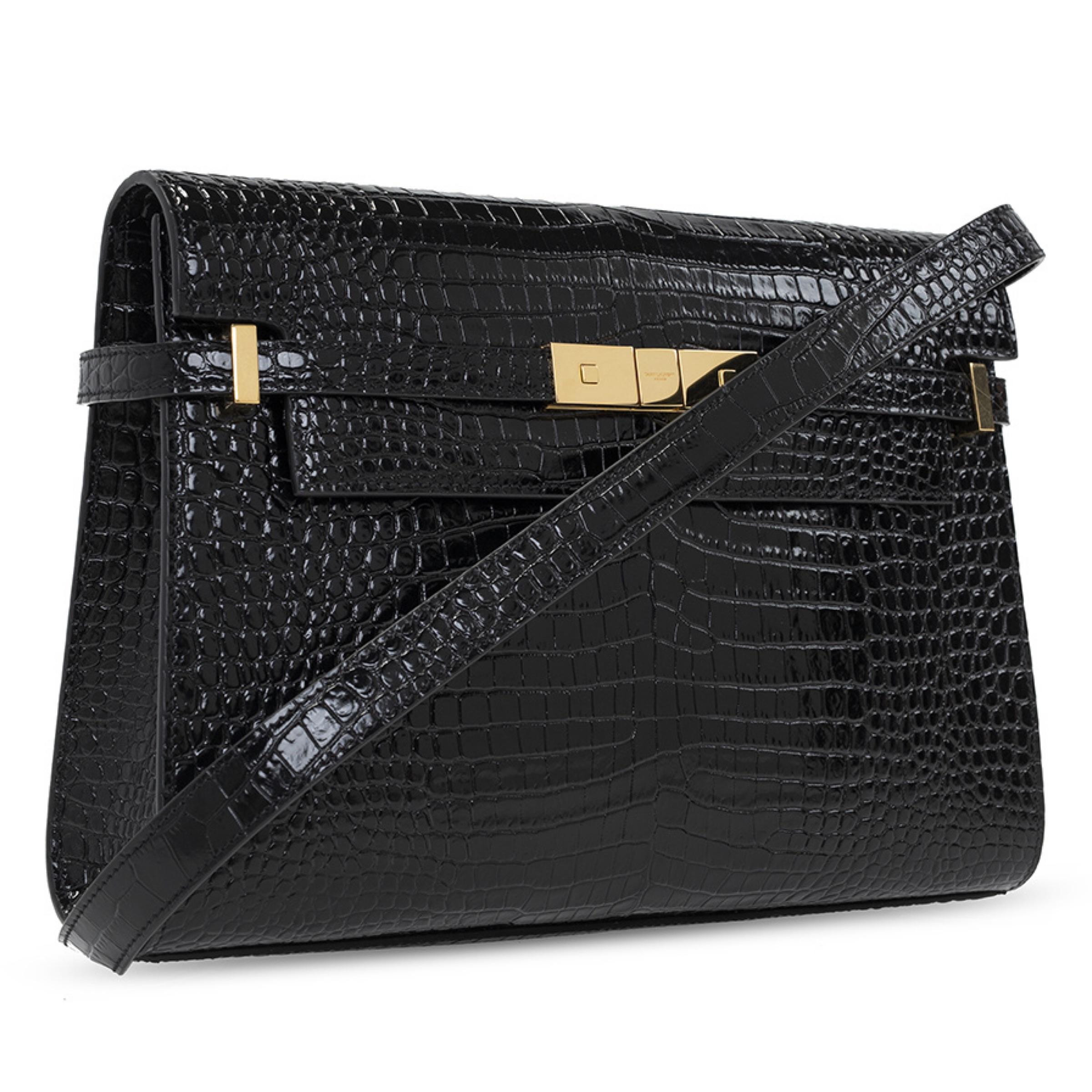 Women's NEW Saint Laurent Black Manhattan Crocodile Embossed Leather Shoulder Bag
