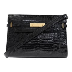 NEW Saint Laurent Black Manhattan Crocodile Embossed Leather Shoulder Bag