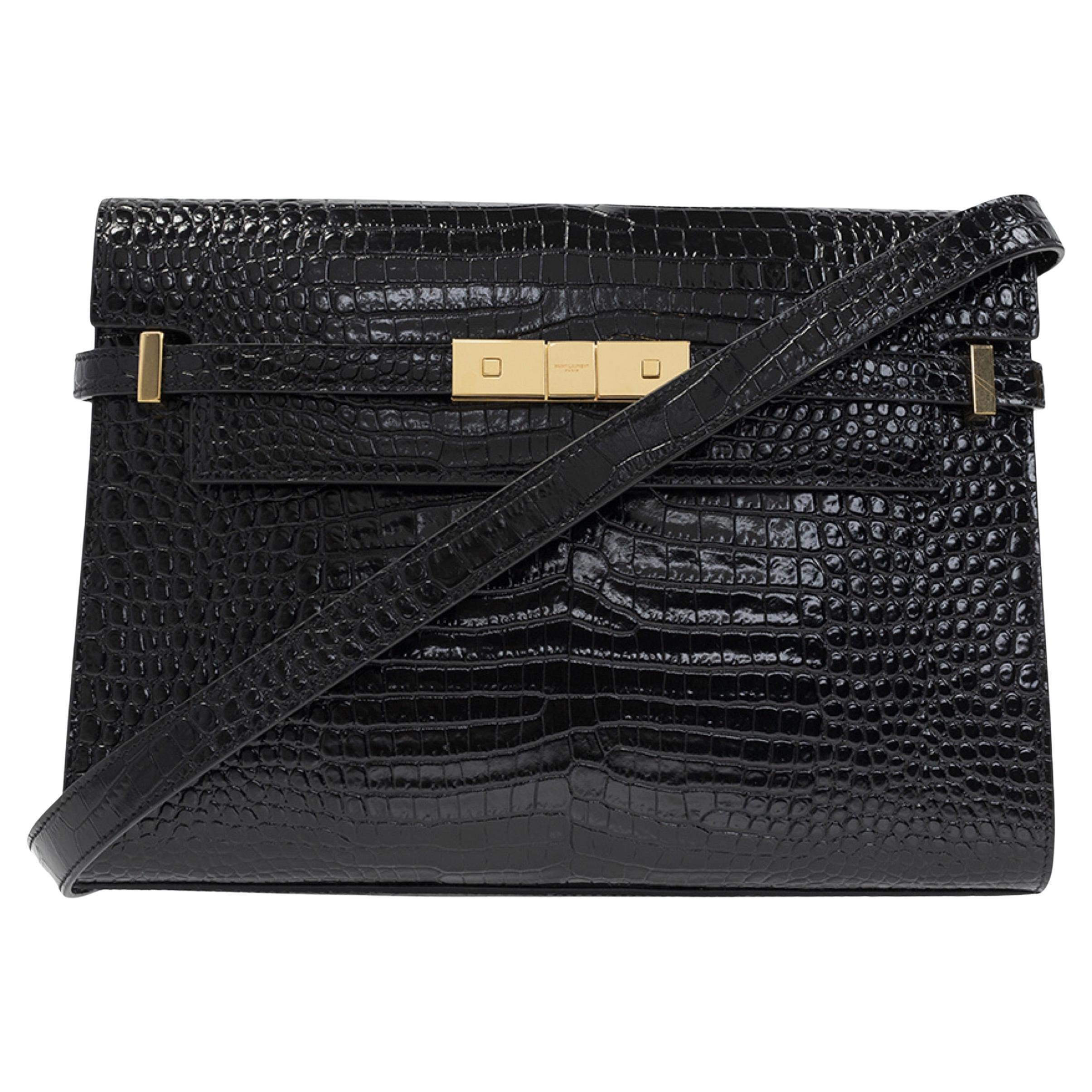 NEW Saint Laurent Black Manhattan Crocodile Embossed Leather Shoulder Bag
