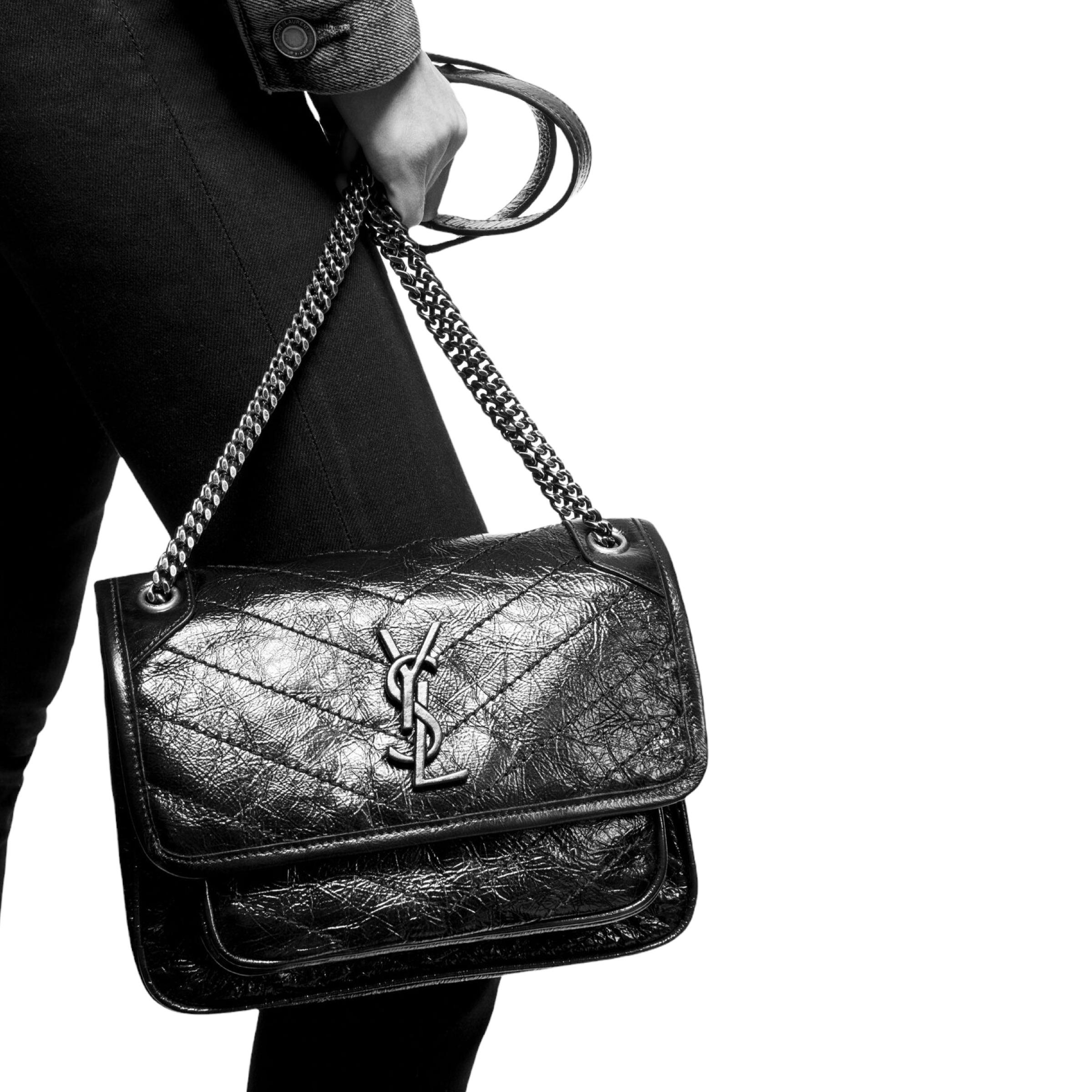 NEW Saint Laurent Black Niki Baby Crinkled Leather Shoulder Bag 9