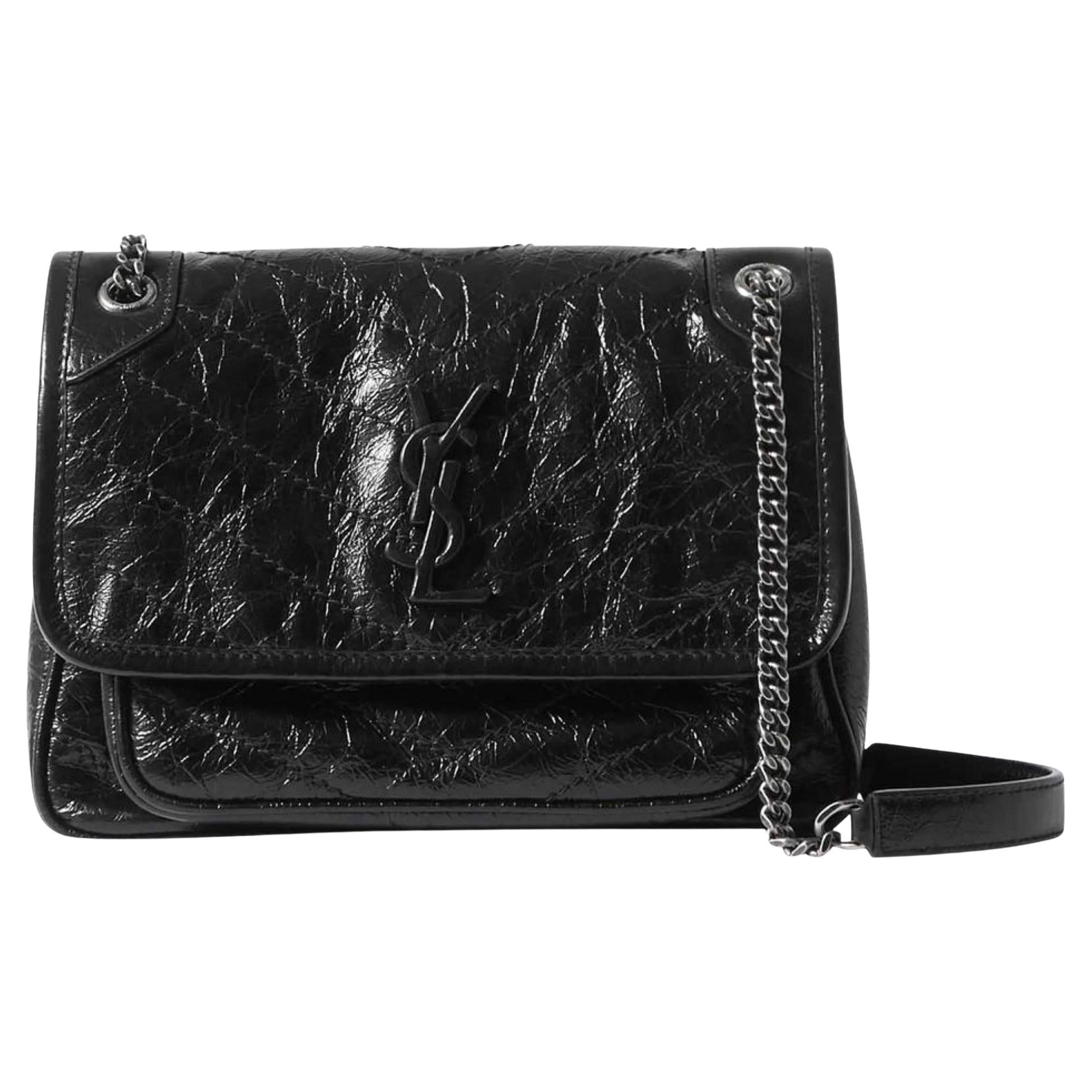 NEW Saint Laurent Black Niki Baby Crinkled Leather Shoulder Bag
