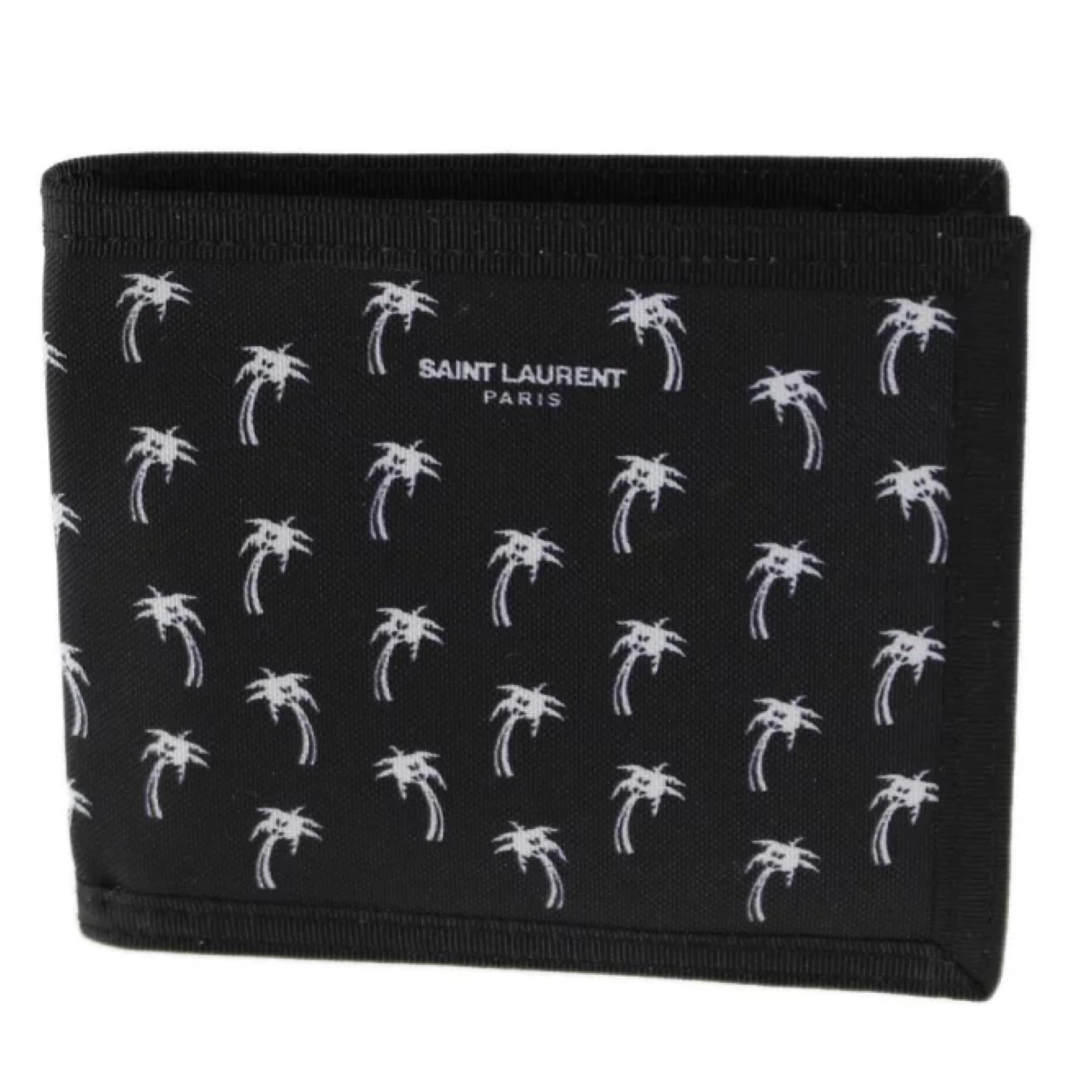 NEW Saint Laurent Black Palm Print Nylon Bifold Wallet Card Case For Sale 2