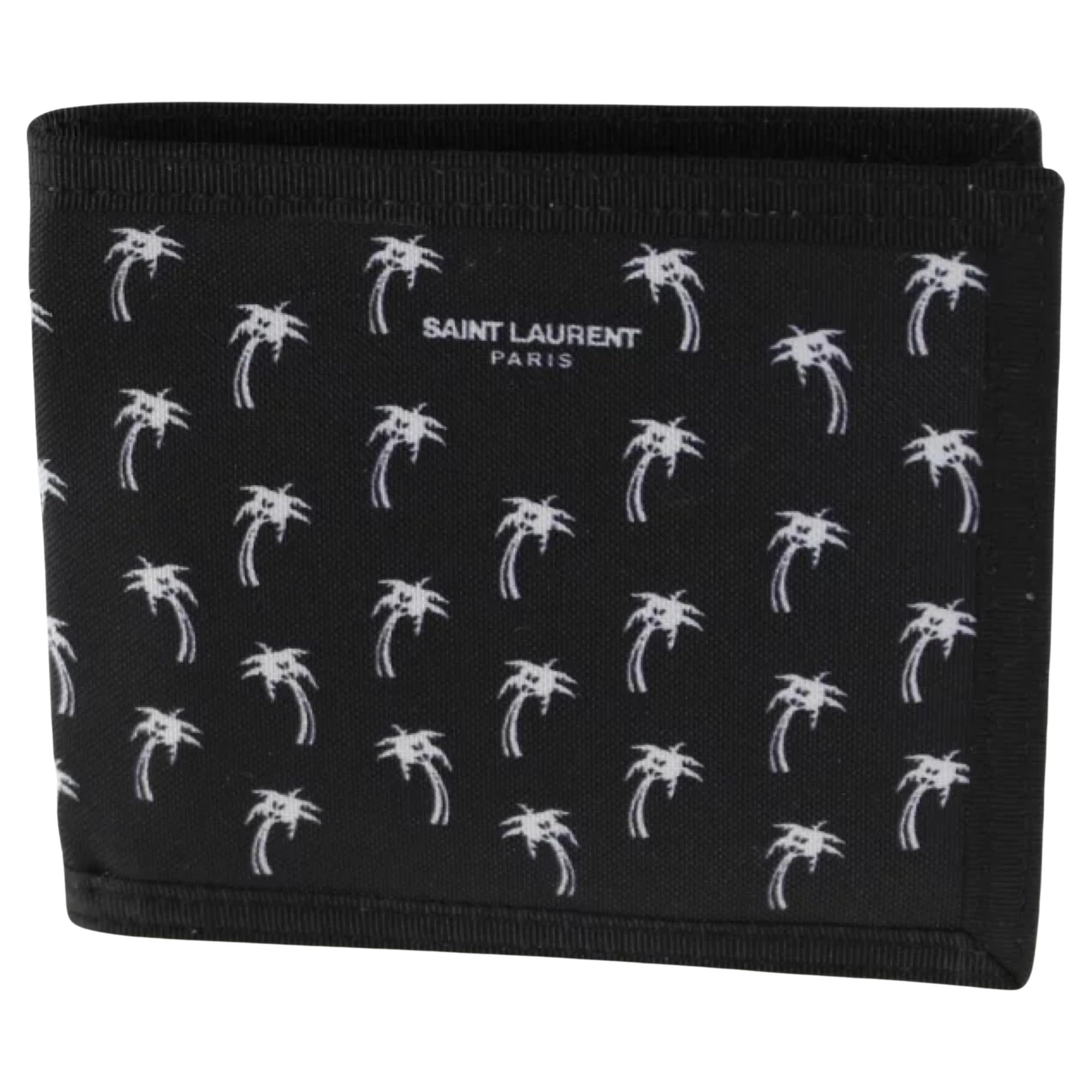 NEW Saint Laurent Black Palm Print Nylon Bifold Wallet Card Case For Sale