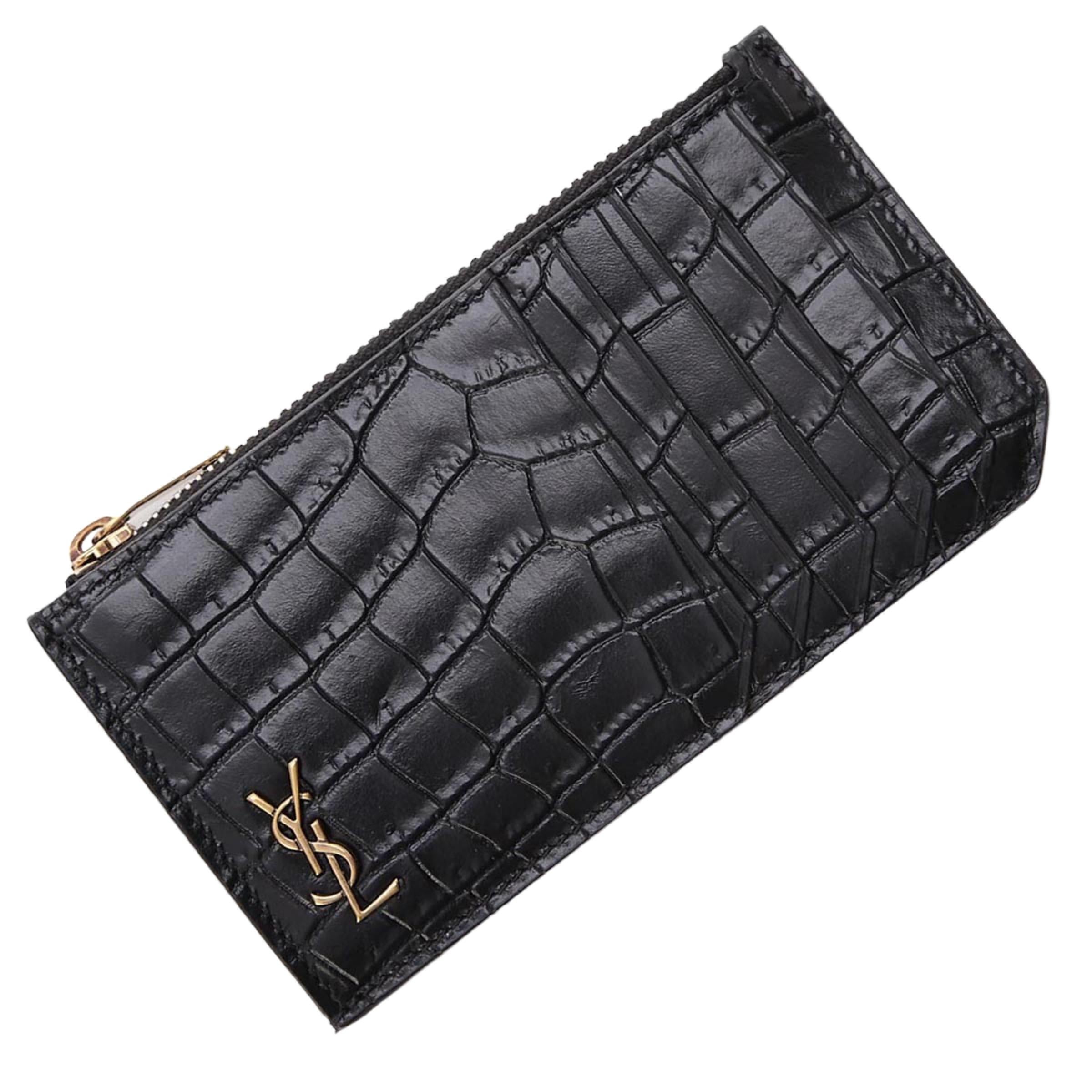 New Saint Laurent Black Tiny Cassandre Fragments Crocodile Pattern Leather Card  In New Condition For Sale In San Marcos, CA