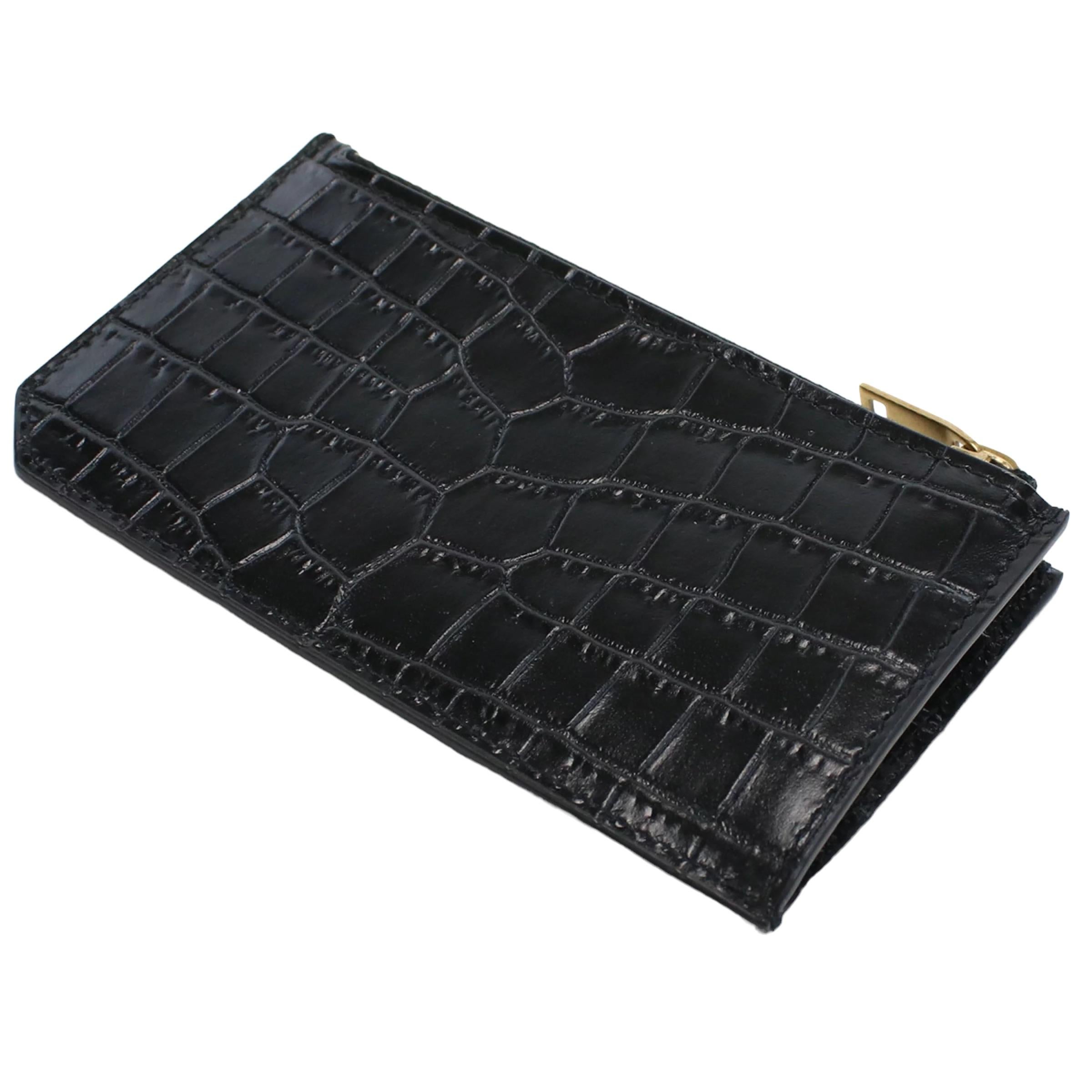 Women's or Men's New Saint Laurent Black Tiny Cassandre Fragments Crocodile Pattern Leather Card  For Sale
