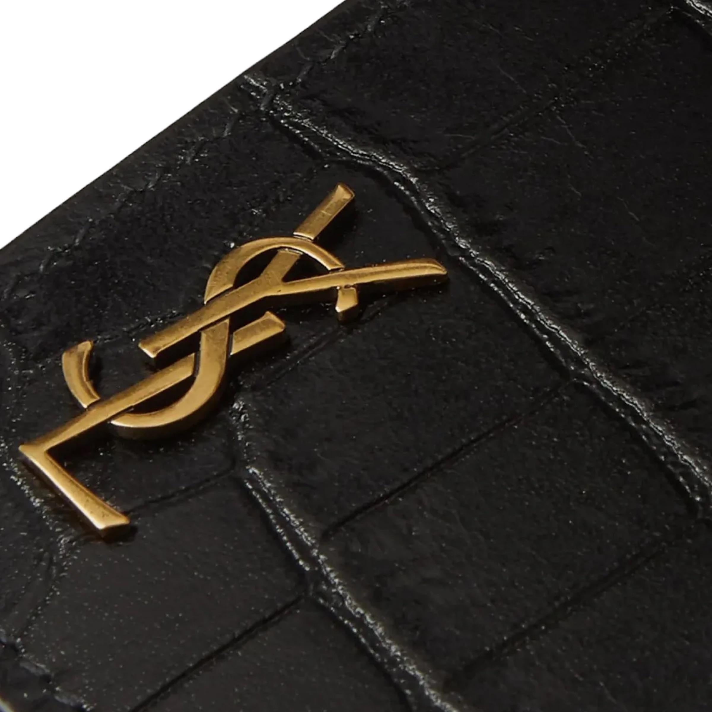 New Saint Laurent Black Tiny Cassandre Fragments Crocodile Pattern Leather Card  For Sale 1