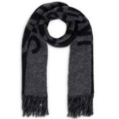 New Saint Laurent Black Two Tone Knitted Logo Wool Scarf
